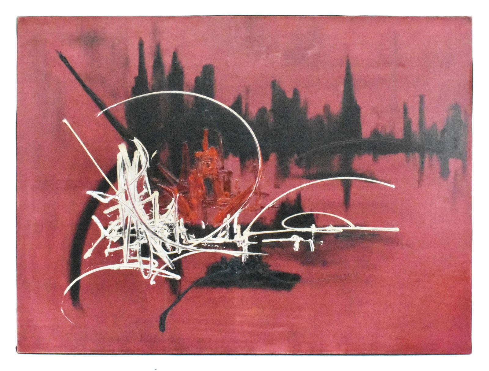 Georges Mathieu (French, 1921-2012) Attributed to, Untitled, Signed on the back of canvas, 31 1/8" x: Georges Mathieu (French, 1921-2012) Attributed to, Untitled, Signed on the back of canvas, 31 1/8" x 51 1/8", Unframed. Heavy impasto and thick paint applied to the canvas. Stretcher has a thick blob