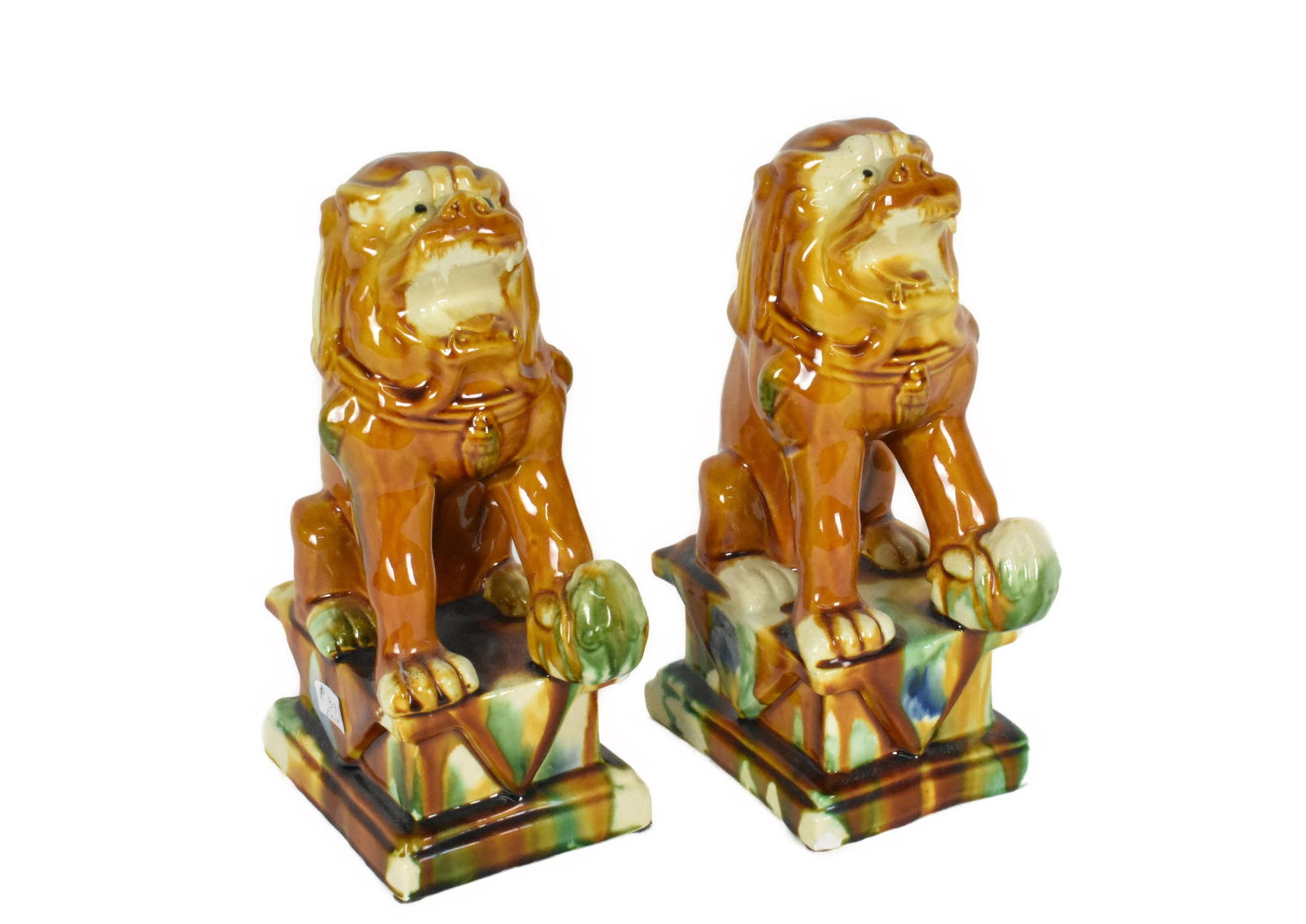 Pair of Chinese Sancai Glazed Foo Dogs, 20th Century, 9" h., 4 3/4" w. 3" d., in excellent (1 of 3)