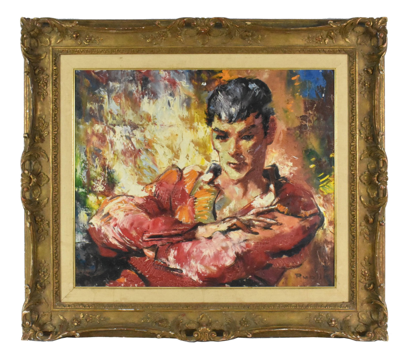 Lucien Ruolle (French, 1925-1991) Young Man, Signed lower right, Oil on Canvas, 23 1/2" x 28 1/4",: Lucien Ruolle (French, 1925-1991) Young Man, Signed lower right, Oil on Canvas, 23 1/2" x 28 1/4", Framed-33 3/4" x 38"