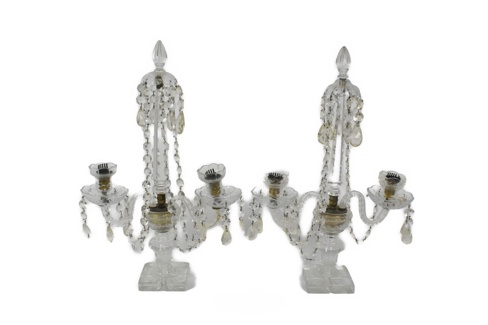 Pair of Antique Prism Hung Two Light Girandoles, 20 3/4" x 14", several loose prisms, will need (1 of 2)