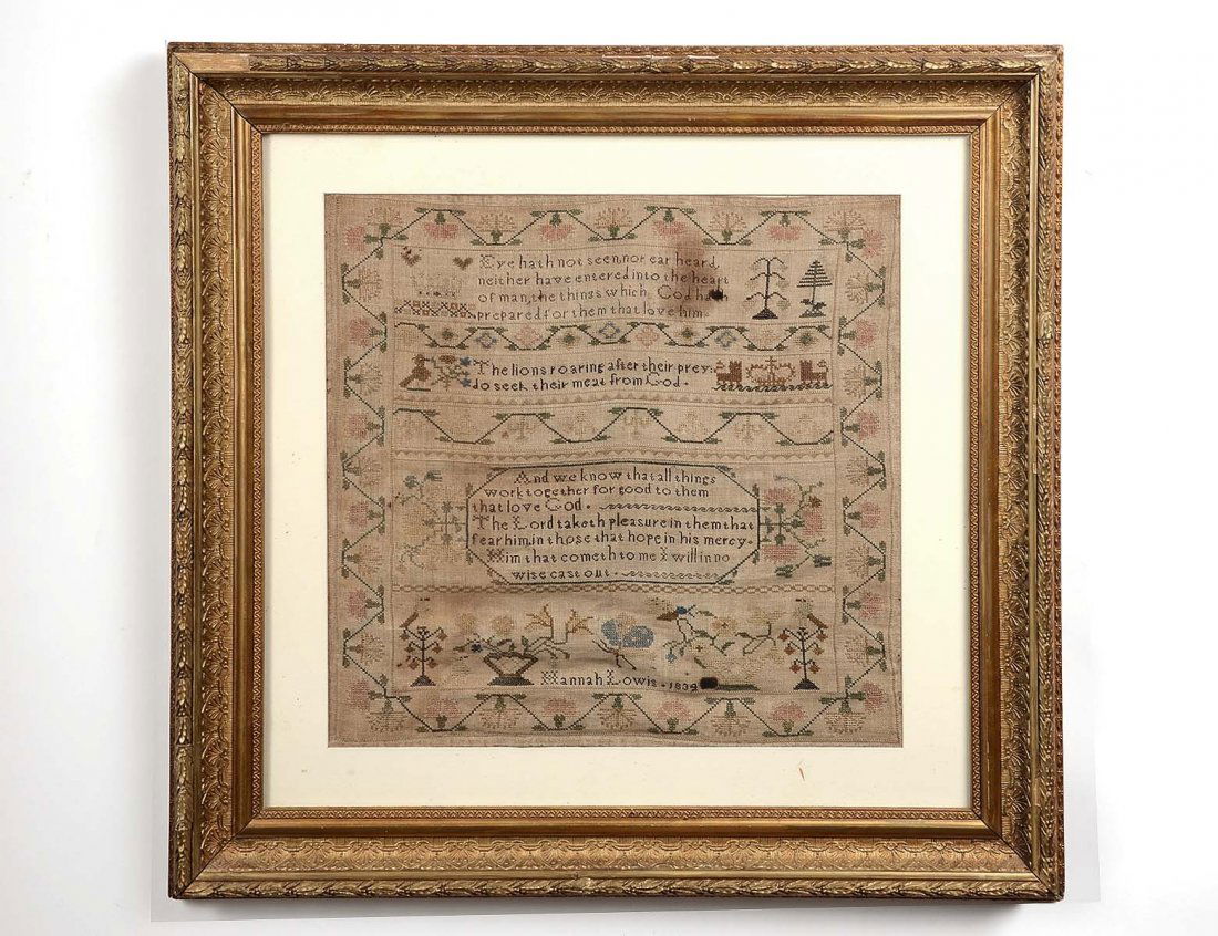 FRAMED SAMPLER: American. Dated 1834. B y Annah Lowis. Measuring 16 3/4" by 16 3/4". (200/300)