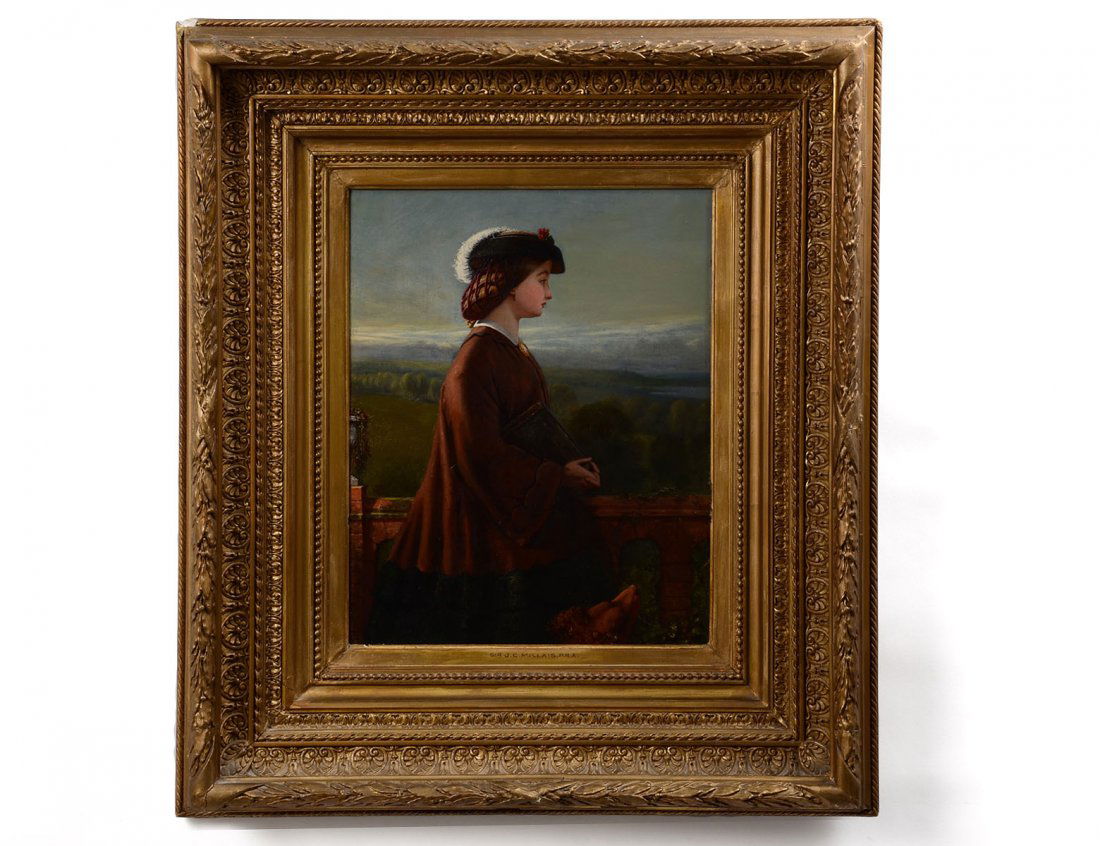 SIR JOHN EVERETT MILLAIS (English. 1829-1896): "Lady and Dog on a Balcony with Landscape". Monogrammed and dated 1872 l/r. Oil on Canvas. Measuring 17 1/4" by 13 1/4". Original gesso cast gilded presentation frame with painted name of artist on fr