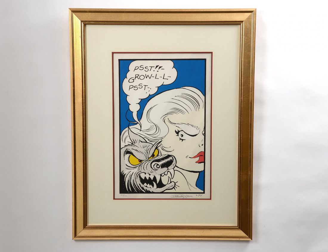 AL CAPP (American. 1909-1979): "Psst. Grow-1-1 Psst.". Signed, dated '74 and numbered 163/250 in pencil lower margin. Color Lithograph. Image measuring 20" by 12 3/4". Gilded frame. (Cond: good, has margins) (500/700)