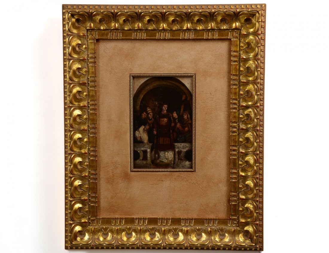 CONTINENTAL SCHOOL (Late 19th Century): "Priests on a Balcony". Unsigned. Oil on Panel. Measuring 9 1/2" by 6 1/4". Carved and gilded frame. (Cond: good) (400/600)