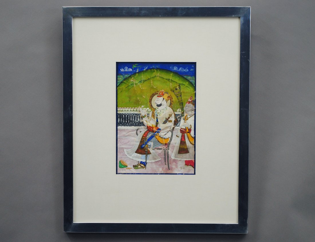 INDIAN ANTIQUE MANUSCRIPT PAINTING: "Seated Nobleman with Attendant".Image measuring 11" by 7 3/4". Chrome frame. (Cond: creases with abrasion and some losses to surface) (150/200)