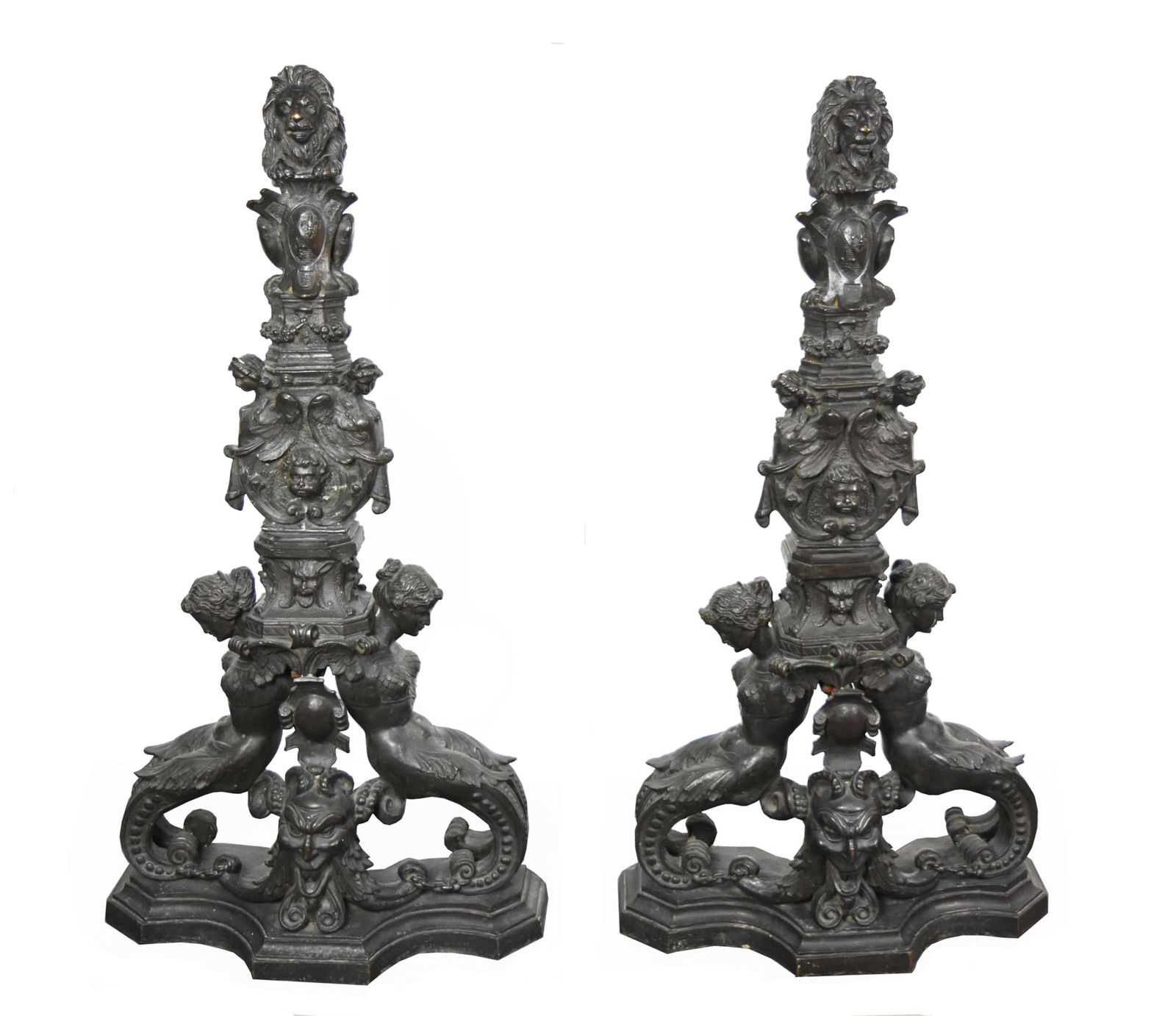 Fine and Palatial Pair of Venetian Baroque Style 19th Century Cast Iron Andirons in the Manner of (1 of 8)