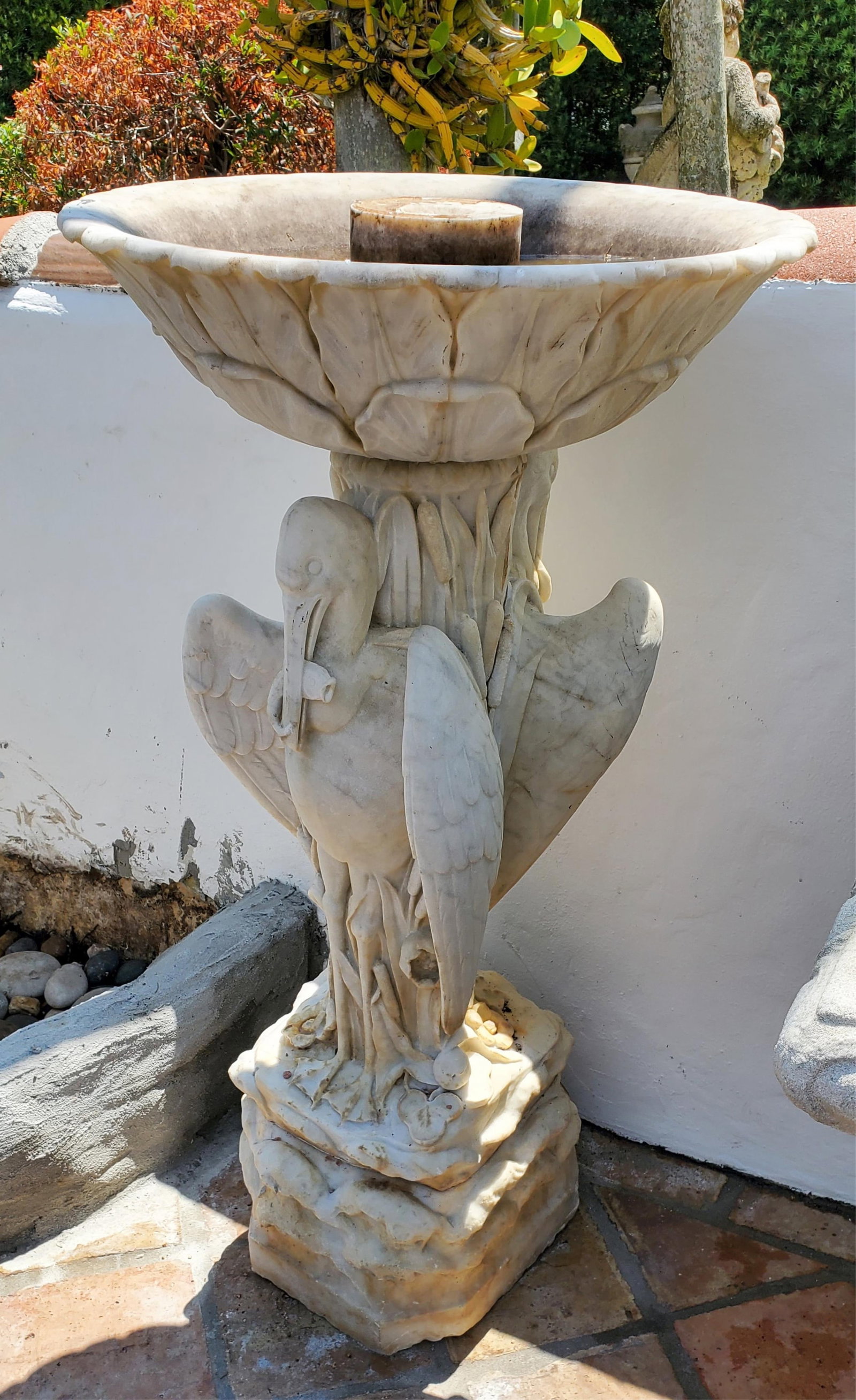 American 19th Century Carved Marble Egret Bird Bath, leaf carved basin supported by two opposing (1 of 8)