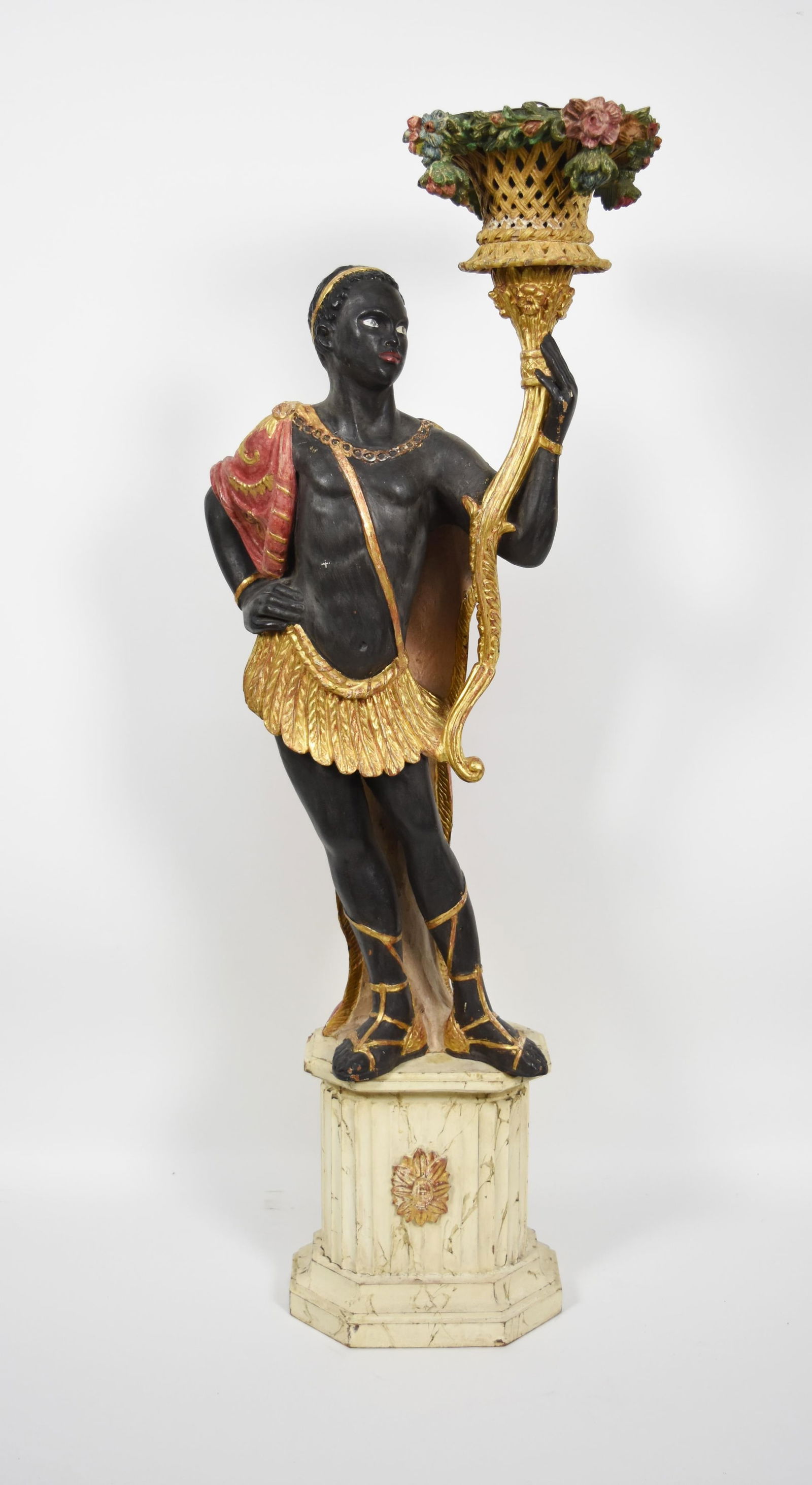 Antique Venetian Blackamoor Wood Carved and Painted the standing figure with cape on a fluted (1 of 8)