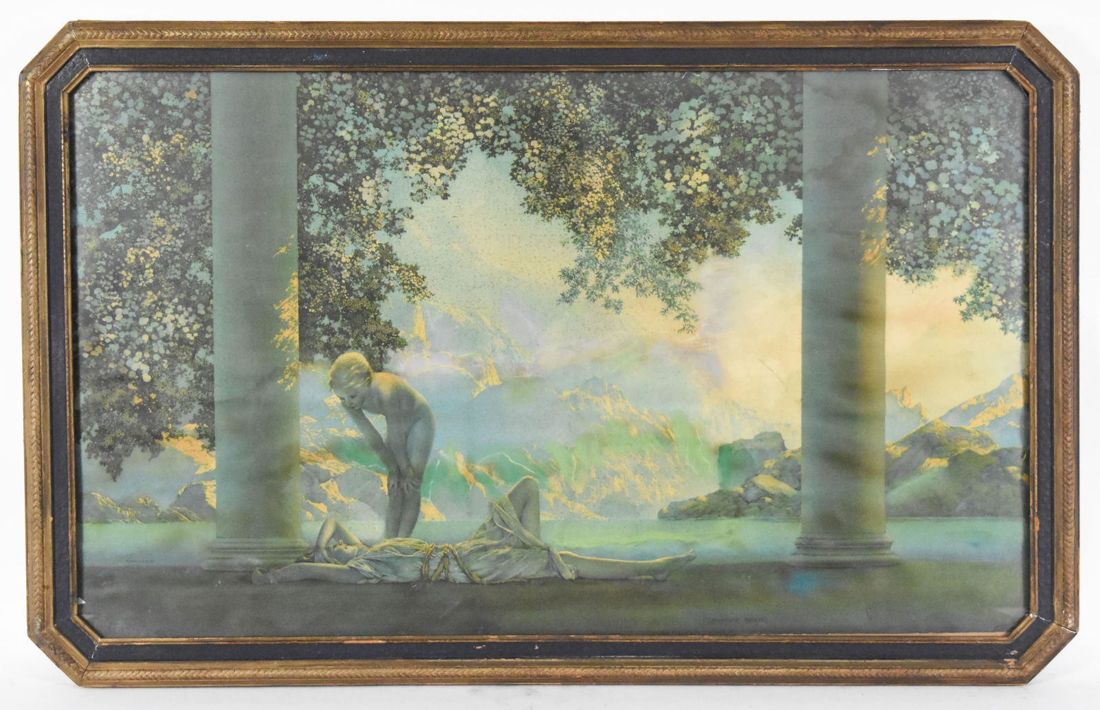 Maxfield Parrish Daybreak Color Lithograph Print, circa 1925-30, Printed by The House of Art, N.Y.,: Maxfield Parrish Daybreak Color Lithograph Print, circa 1925-30, Printed by The House of Art, N.Y., 17 1/2" x 29 1/2", in a period frame, Good condition with some toning, frame with light distress to