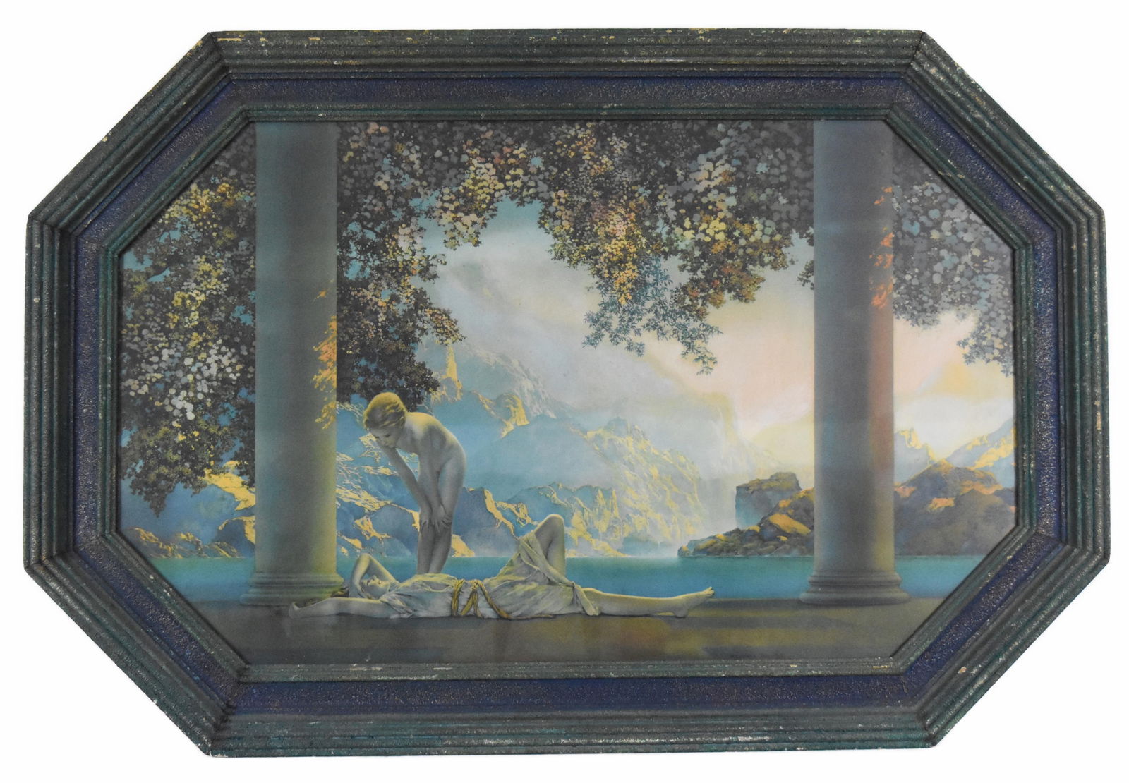 Maxfield Parrish Daybreak Color Lithograph Print, circa 1925-30, Printed by The House of Art, N.Y.,: Maxfield Parrish Daybreak Color Lithograph Print, circa 1925-30, Printed by The House of Art, N.Y., 17 1/2" x 29 1/2", in a period frame, Good condition with some toning, frame with light distress to