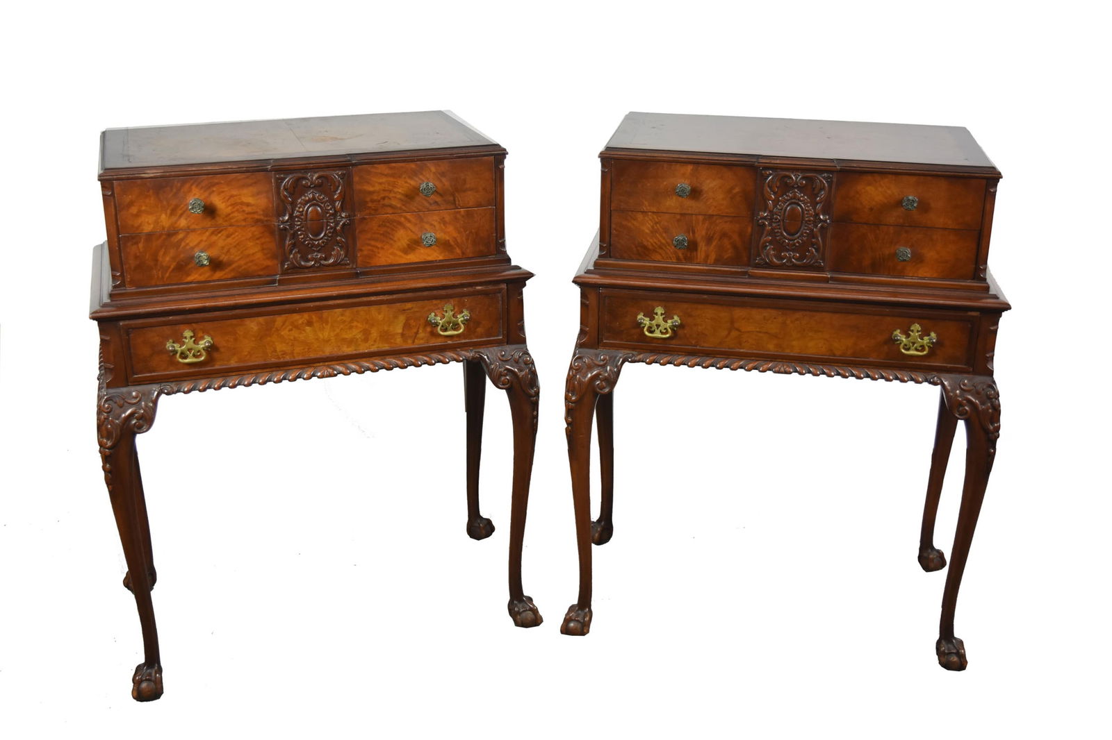 Pair of Early 20th Century Burl Walnut Flatware/Cutlery Chests on Stands, two top drawers on a stand: Pair of Early 20th Century Burl Walnut Flatware/Cutlery Chests on Stands, two top drawers on a stand with a single drawer with gadrooning and on cabriole legs with ball and claw feet, bears Chesterfie