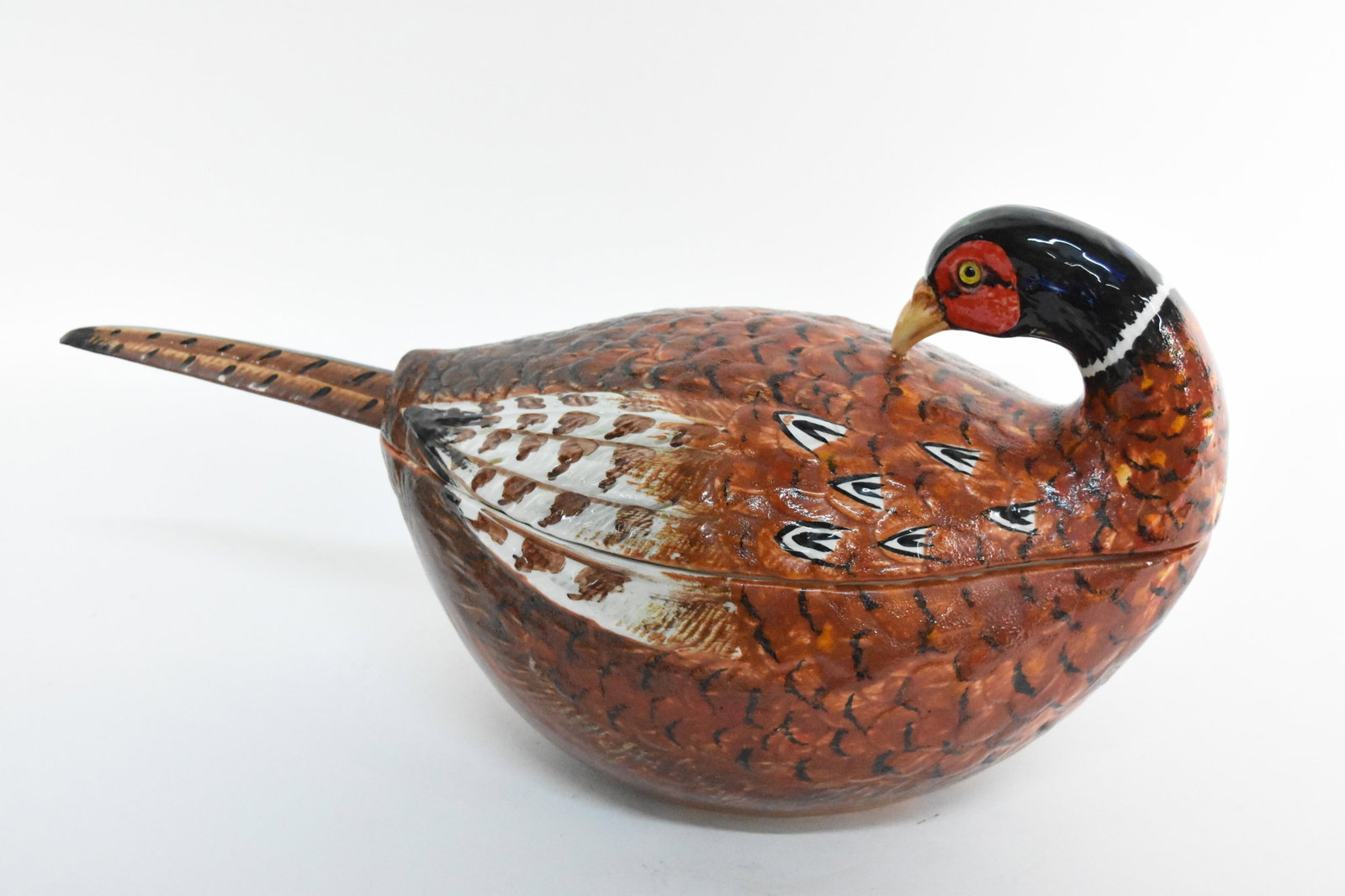 Italian Glazed Pottery Pheasant Tureen, 20th Century, marked Made in Italy, Meiselman Imports, 8: Italian Glazed Pottery Pheasant Tureen, 20th Century, marked Made in Italy, Meiselman Imports, 8 3/4" h. 18 1/4" L. Provenance: Vero Beach Estate