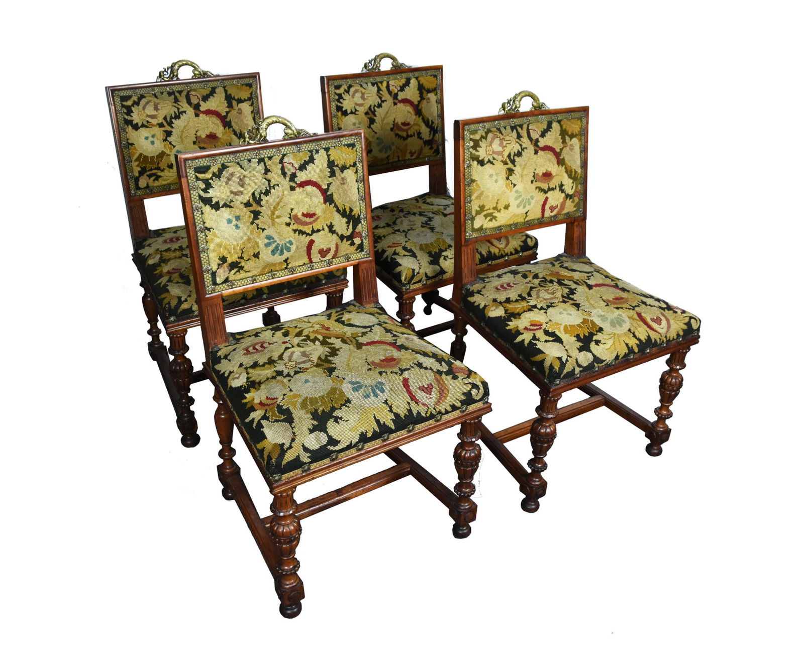 Set of Four French Henri II Renaissance Dining Chairs, circa 1900, needlepoint tapestry upholstery (1 of 7)