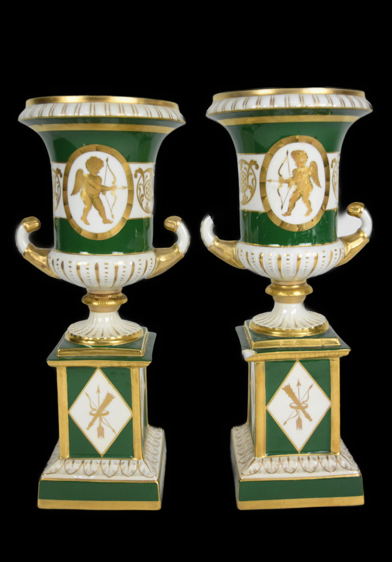 Pair of Old Paris Style Porcelain Urns on Plinths, Early 20th century, each Campana urn with gilded (1 of 6)