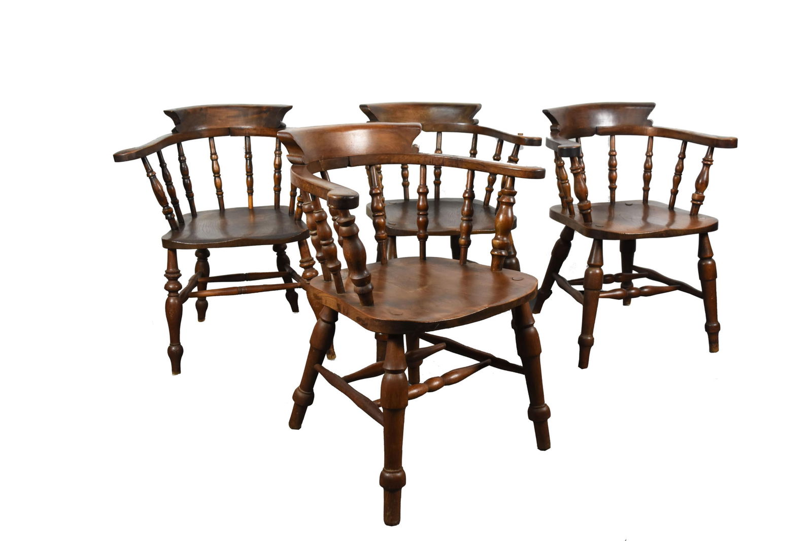 Set of Four Antique English Oak Captains Chairs, 19th Century, bow backs with curved arms and turned (1 of 4)
