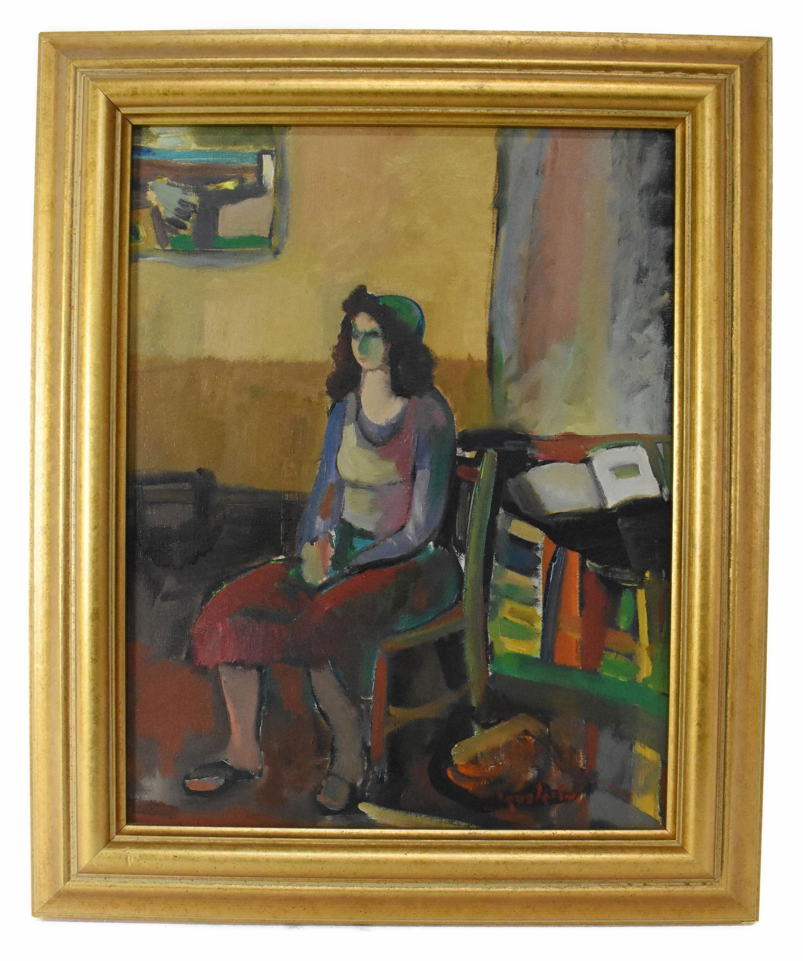 A 20th Century Israeli Oil on Canvas Painting, Interior Scene with Figure Seated in a Chair, Signed (1 of 4)