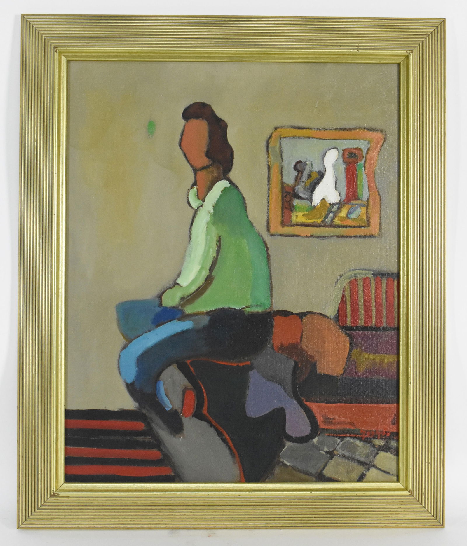 A 20th Century Israeli Oil on Canvas Painting, Interior Scene with a Seated Figure, 19 1/2" x 15 (1 of 4)