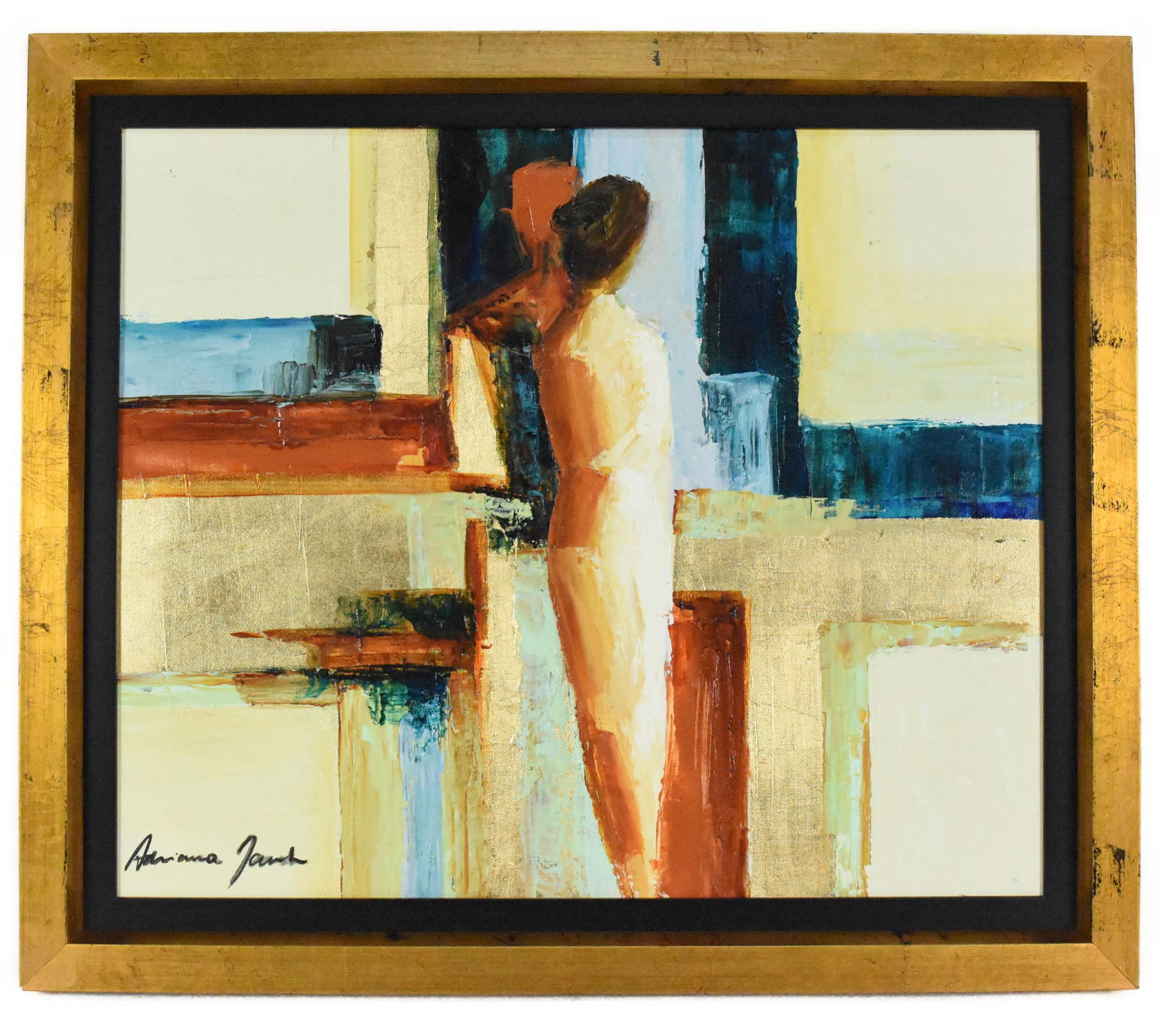 Contemporary Oil on Canvas Painting Abstraction with Two Figures, Signed lower left, 19 3/4" x 23 (1 of 3)