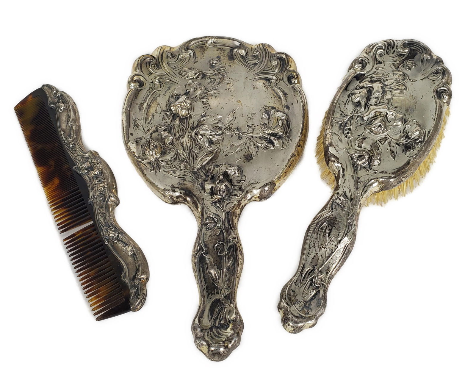 American Three Piece Sterling Silver Rococo Dresser Set, 19th Century to include the brush, comb, (1 of 6)
