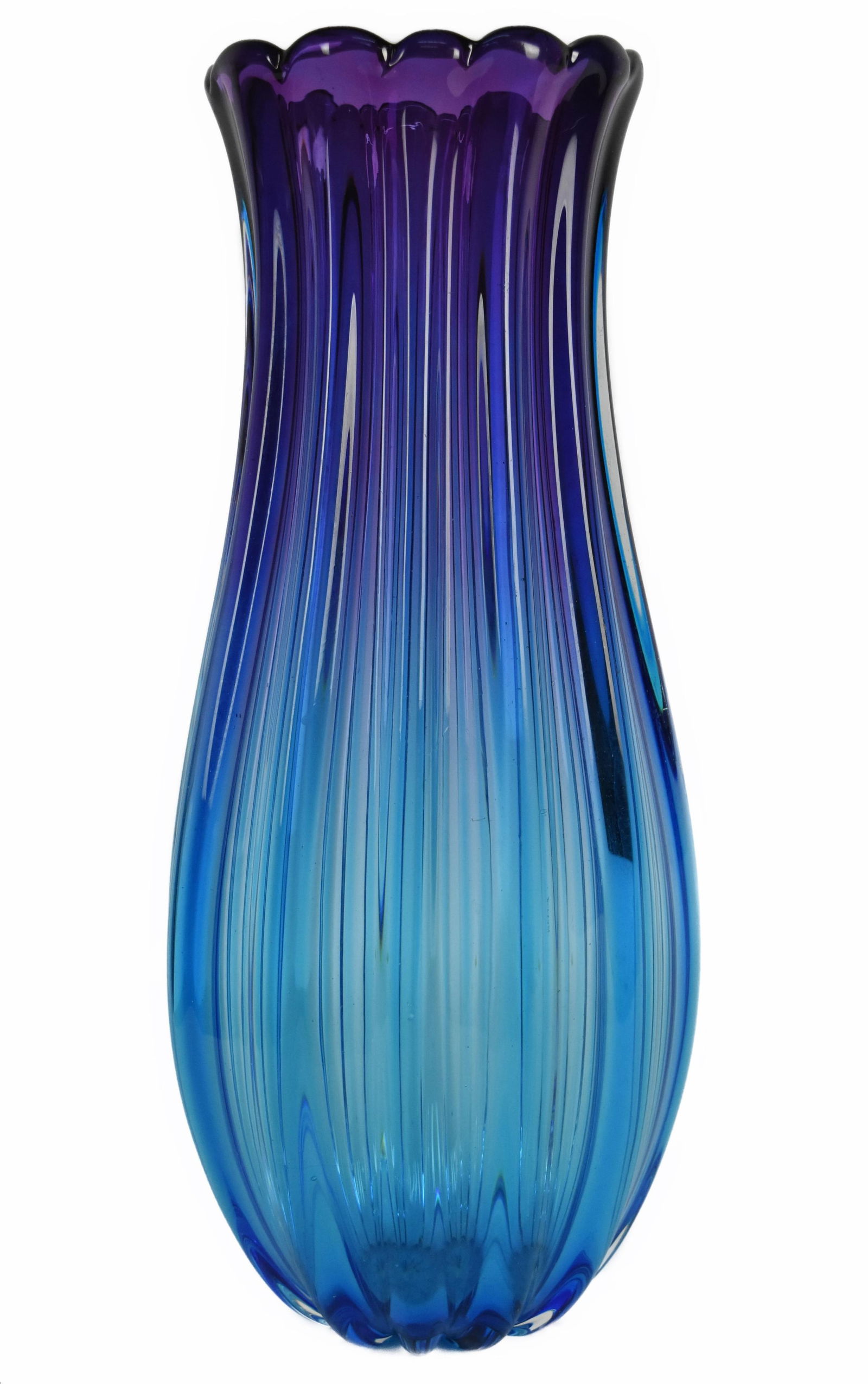 Tall Murano Style Flute Blue to Purple Glass Vase, 20th Century, 17 1/4" h. 8" w. Good Condition. No (1 of 4)