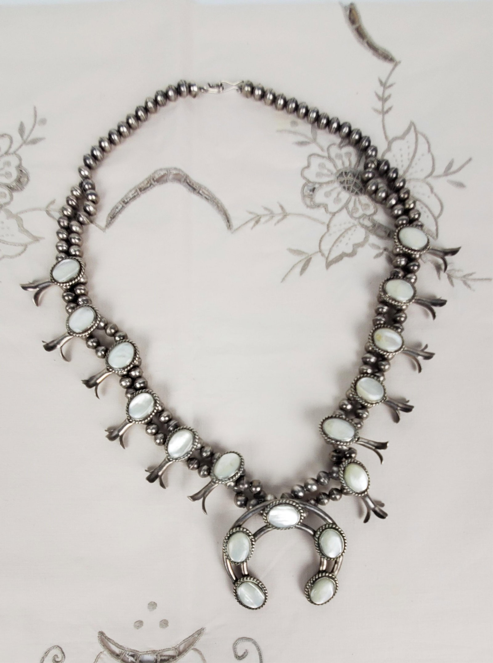 Vintage Native American Mother of Pearl and Silver Squash Blossom Necklace, 28" L.: Vintage Native American Mother of Pearl and Silver Squash Blossom Necklace, 28" L.