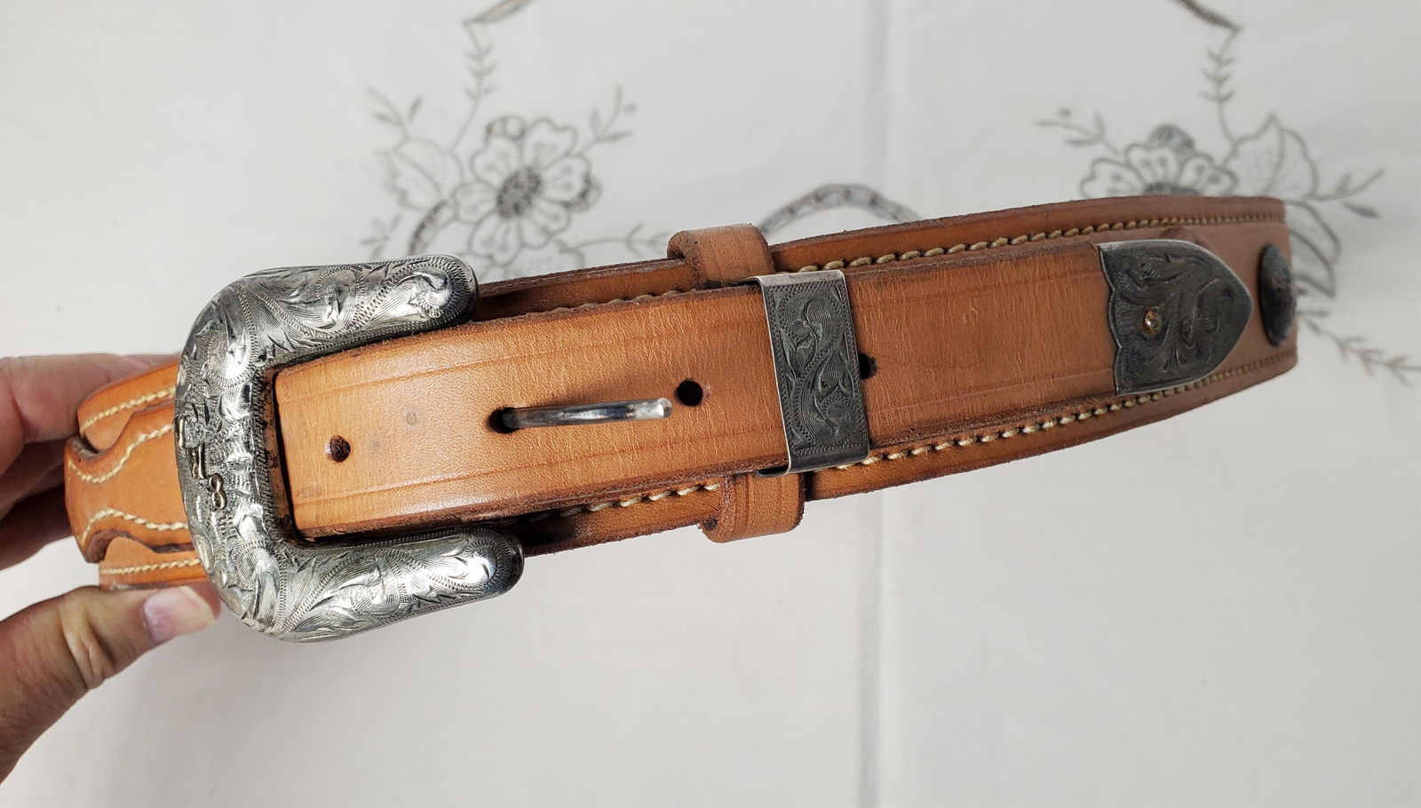 Two Vintage Leather Belts with Silver Buckles, one Western mofif with monogram on buckle in 10K, the (1 of 7)