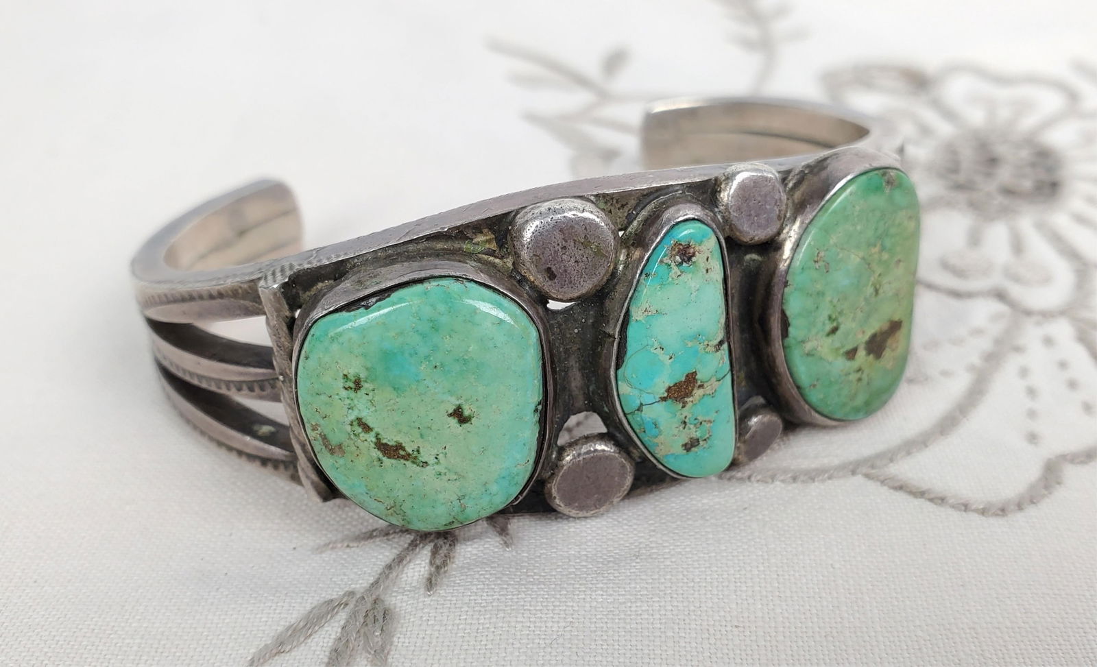 Vintage Native American Silver and Turquoise Cuff Bracelet, 2 3/4" w. (1 3/4" opening) (1 of 3)