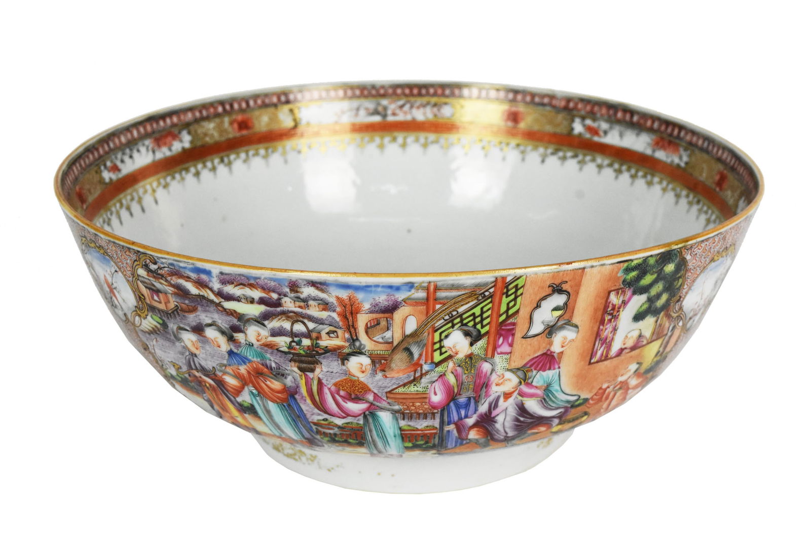 Chinese 18th Century Rose Mandarin Export Porcelain Punch Bowl, Qianlong, enamel painted with court (1 of 7)