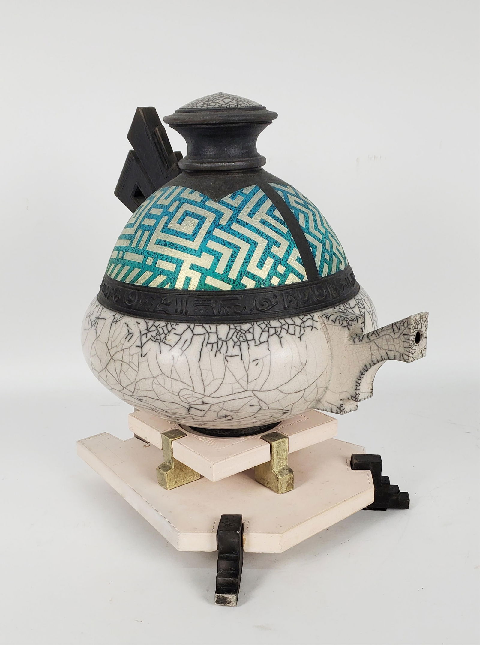 A 20th Century Art Pottery Large Tea Pot on Two Tiered Stands, signed R. Foris underside bottom (1 of 6)