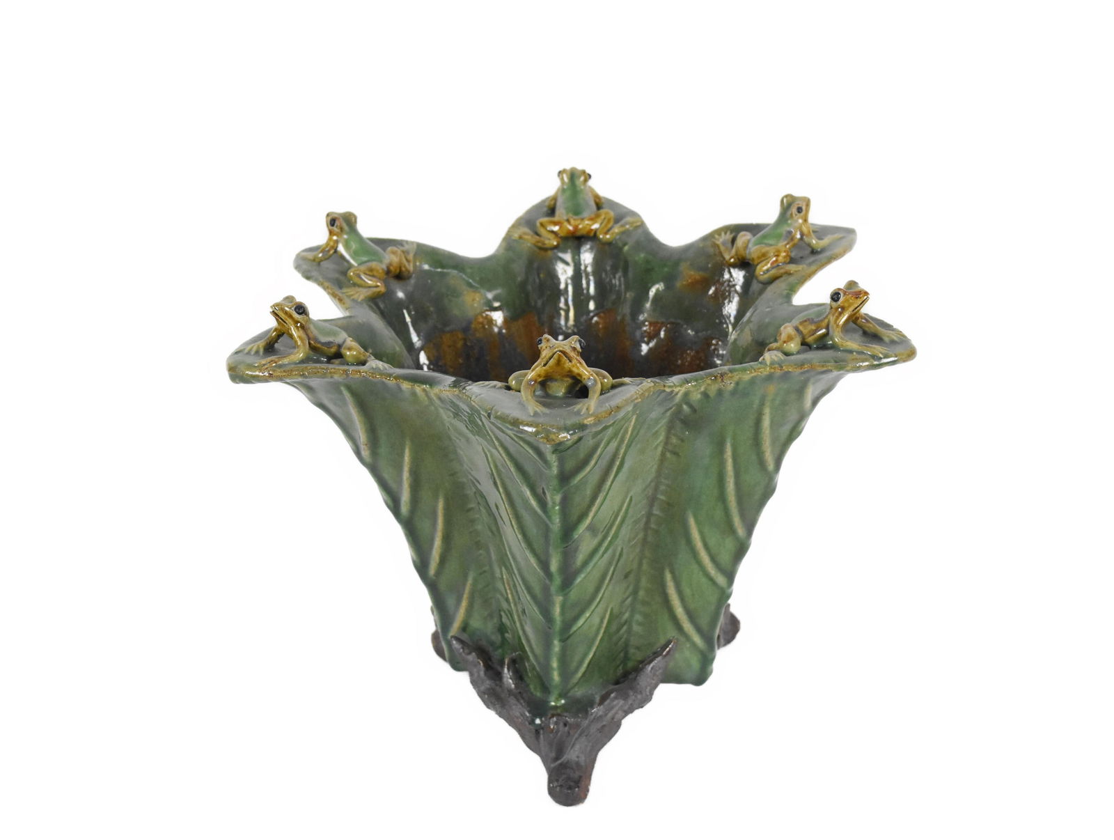 Contemporary Majolica Glazed Frogs Ceramic Planter/Pot, 10" h. 13 1/2" w., Good Condition. (1 of 5)
