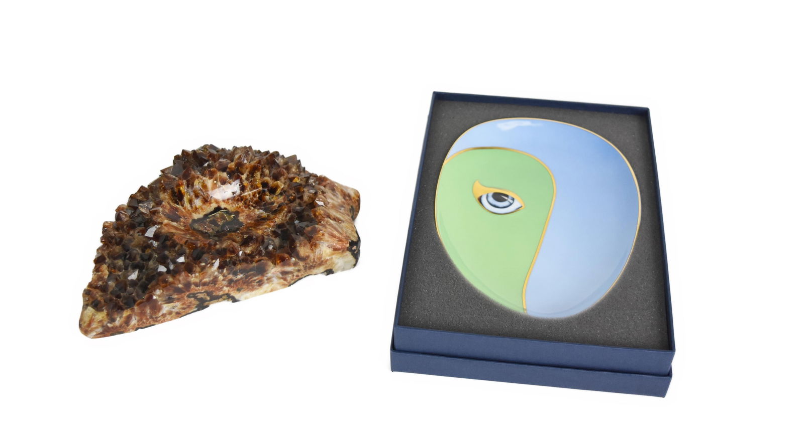 Two 20th Century Decorative Objects to include: Natural Geode Stone Coup and a L'Object Porcelain: Two 20th Century Decorative Objects to include: Natural Geode Stone Coup and a L'Object Porcelain Dish, Coup-3" h. 8" w. 4" d., Dish-7" L., Good Condition.