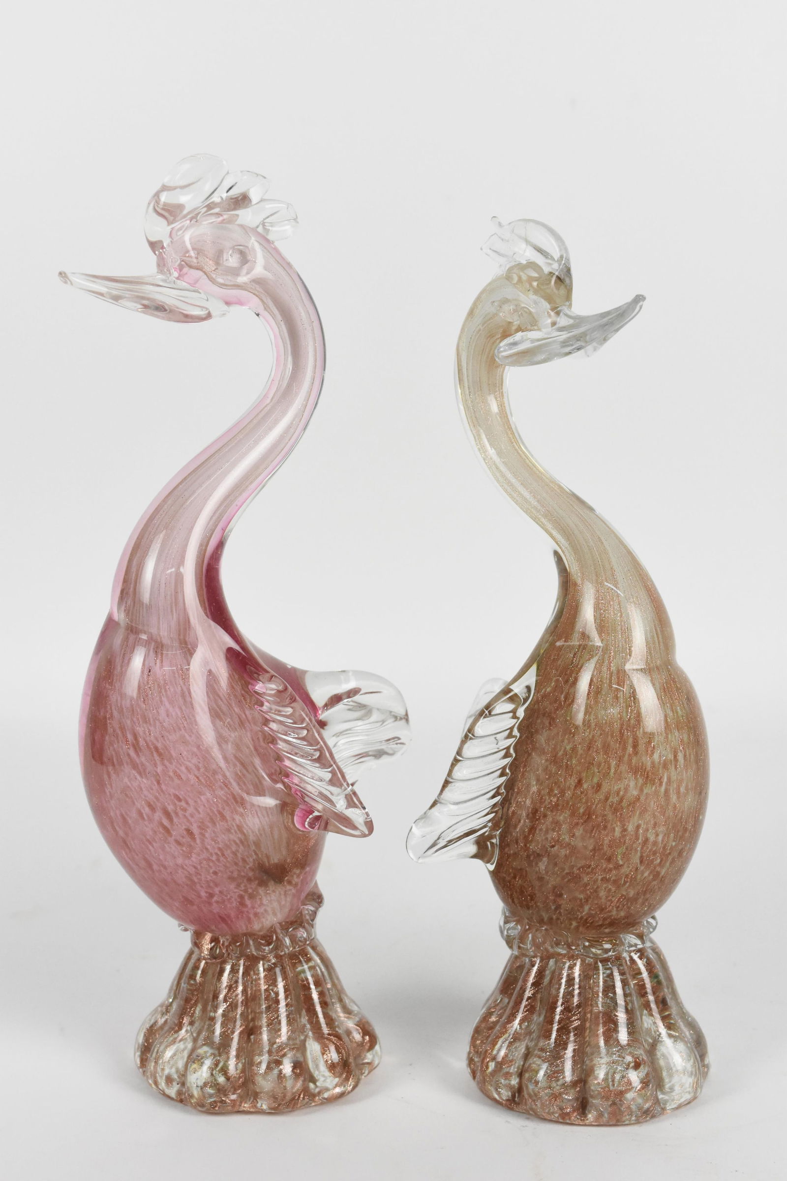 Pair of Vintage Italian Murano Glass Swans with gold flecking, 11" h. 4 1/2" w., Good Condition. (1 of 4)