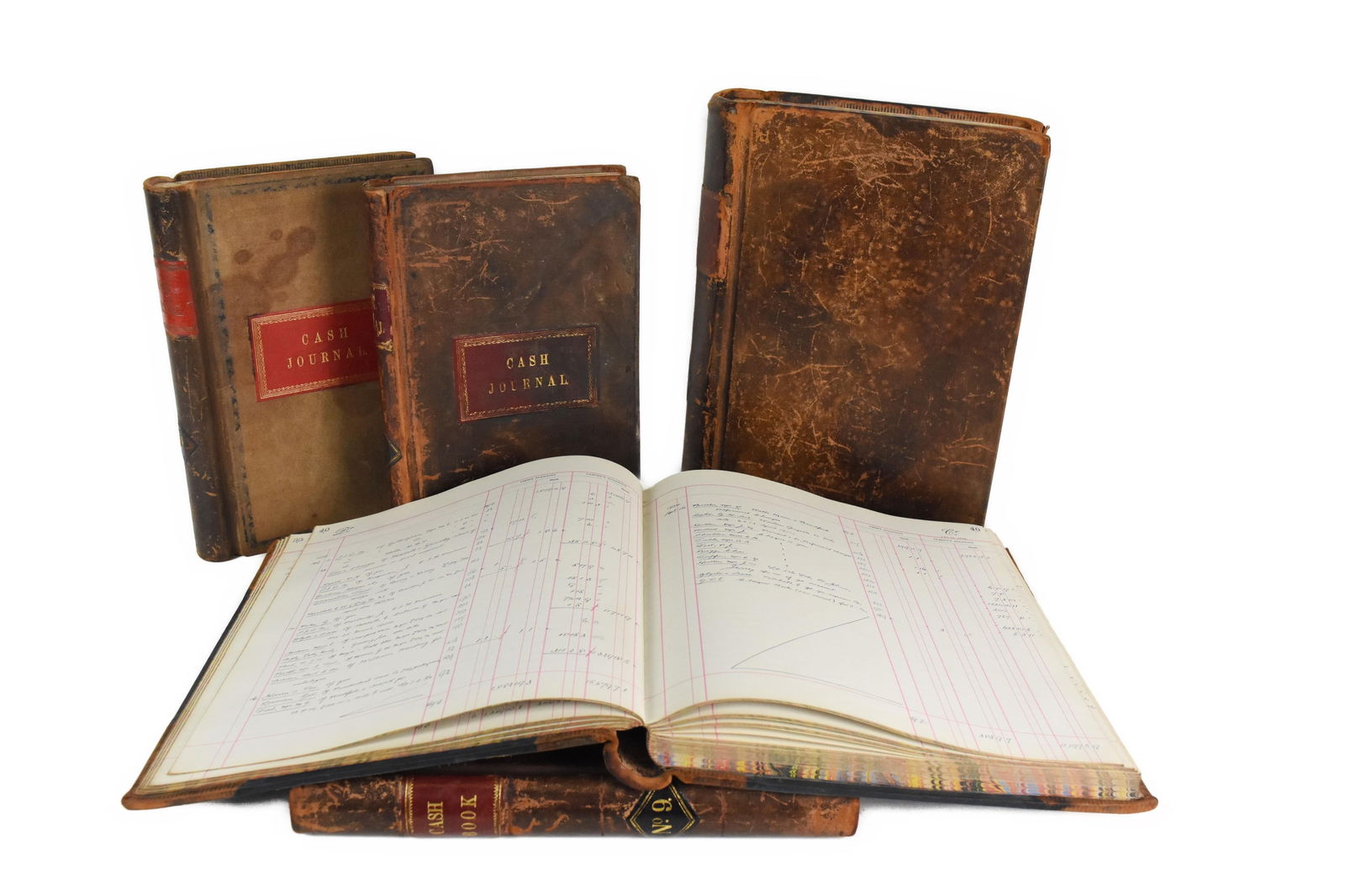 Five Antique Ledger and Cash Books with Leather Covers and Marbleized Fore edges, circa 1890-1920, (1 of 4)