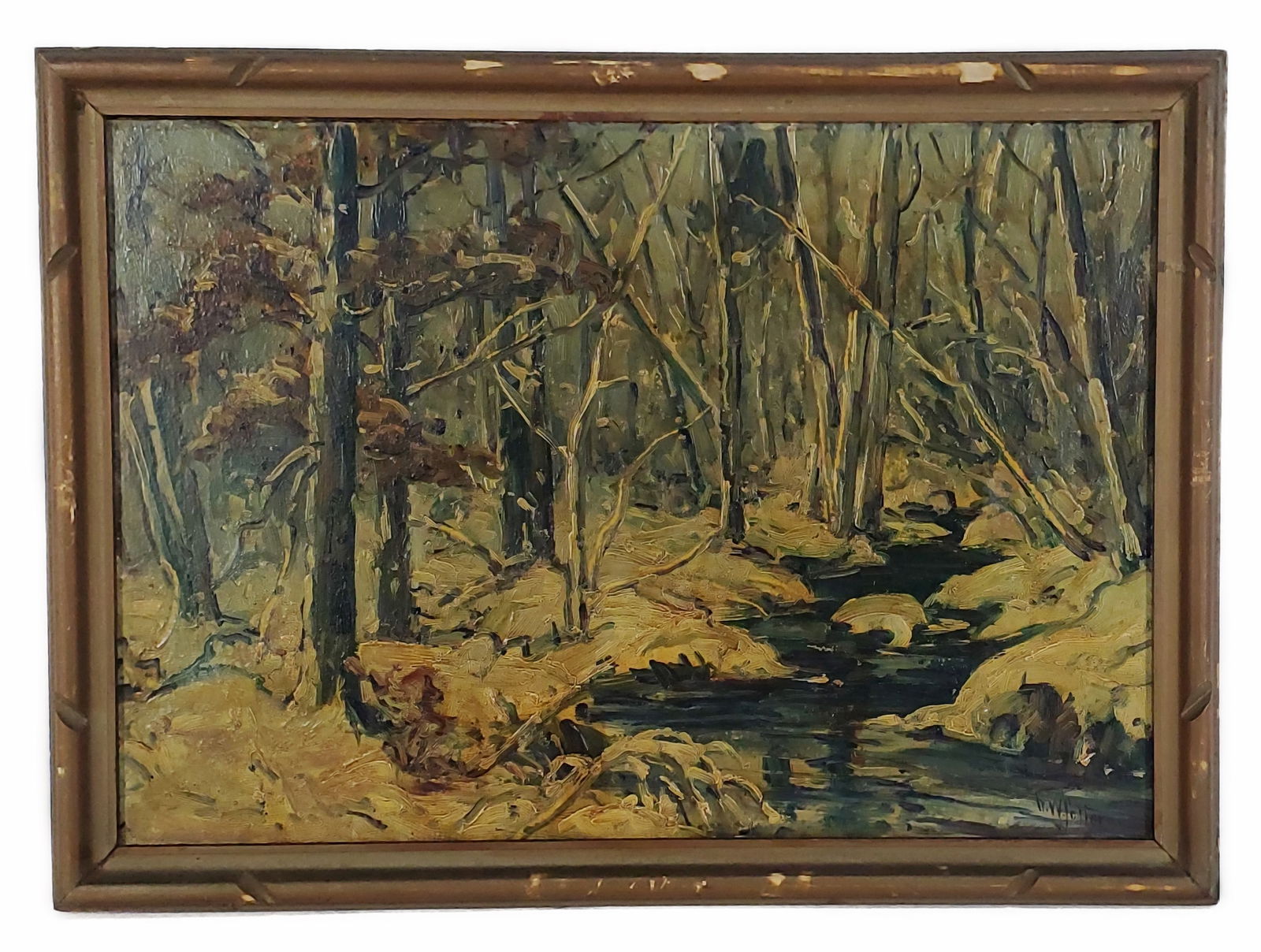 George William Sotter (American, 1879-1953) Painting: George William Sotter (American, 1879-1953) Winter Stream Landscape, Signed lower right, Oil on Upson Board, 14" x 20", Framed-16 1/8" x 22 1/8"