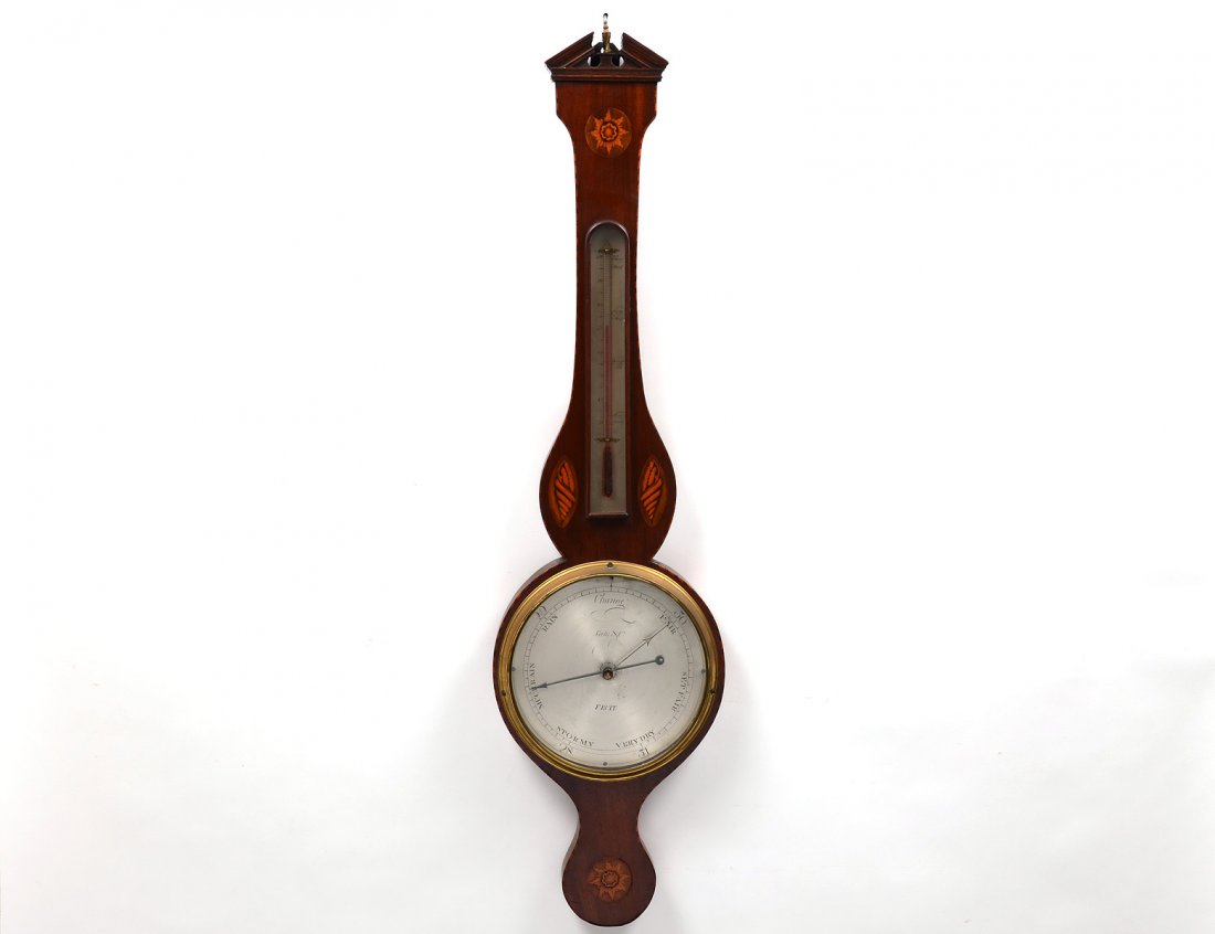 GEORGE III/IV INLAID BANJO BAROMETER/THERMOMETER: English. 19th Century. Signed Corly & Co. With kingswood patera and nautilus shell inlay. Height 39 1/4". (300/400)