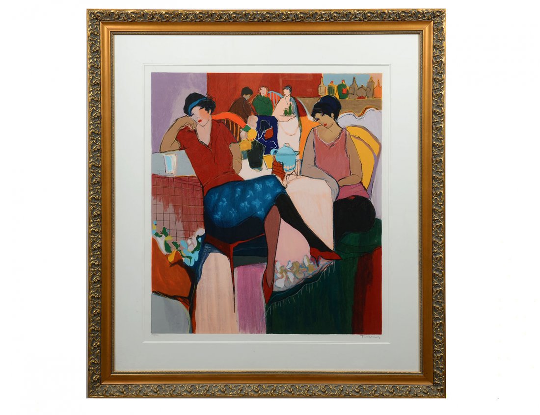 ITZCHAK TARKAY (Israeli. Born 1935): "Cafe". Signed and #233/300 in pencil in the lower margin. Color Lithograph. Image measuring 31" by 27". Framed. (Cond: good, has margins) (300/400)