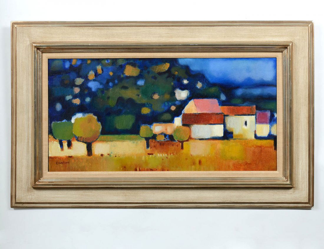 GUY CHARON (French. Born 1927): "Landscape with Houses". Signed "Charon" l/l. Oil on Canvas. Measuring 15" by 31 1/2". Silver leaf frame. (Cond: good) (500/700)