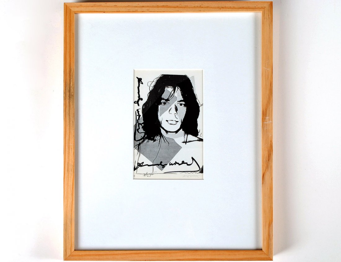 AFTER ANDY WARHOL (American. 1928-1987): Postcard Invitation for Mick Jagger Exhibition at Galerie Jurka, Amsterdam. Circa 1977. Signed in black marker twice by Warhol. Measuring 8 1/4" by 6". Framed. (Cond: good) (500/700)