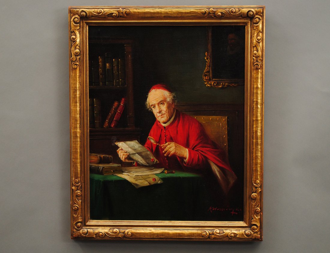 CONTINENTAL SCHOOL (Late 19th Century): "Portrait of a Cardinal in his Study". Signed indistinctly l/r. Oil on Canvas. Measuring 20 3/4" by 16 3/4". Period gesso carved gilded frame. (Cond: has small patch, old varnish, could use cleaning) 