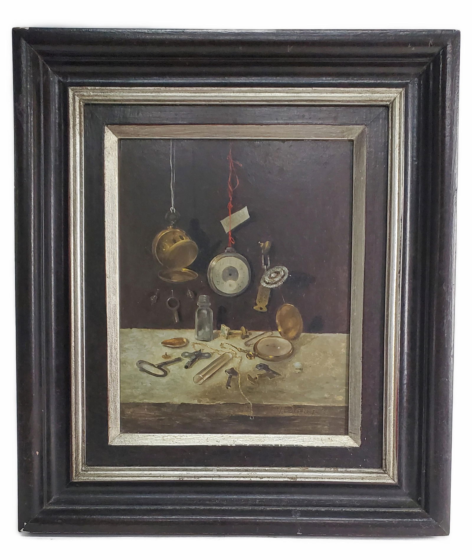 Ellen S. Vander Noort (American, b.1920) Trompe L'Oeil Still Life of Clocks, Keys, and Objects, (1 of 4)