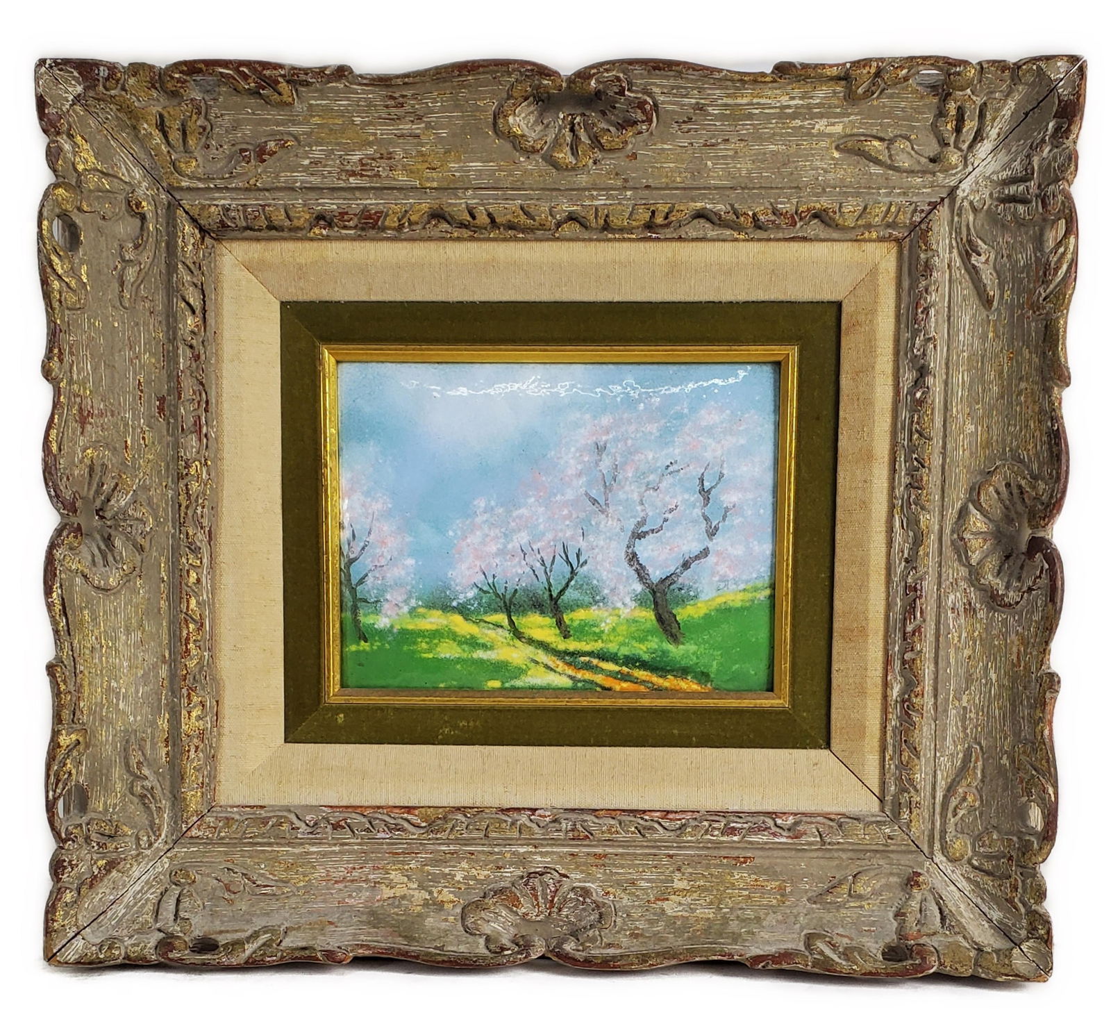 A 20th Century Enamel on Copper Painting, Country Landscape,: A 20th Century Enamel on Copper Painting, Country Landscape, 5 1/2" x 7 1/2" Framed-14 3/4" x 16 1/2"