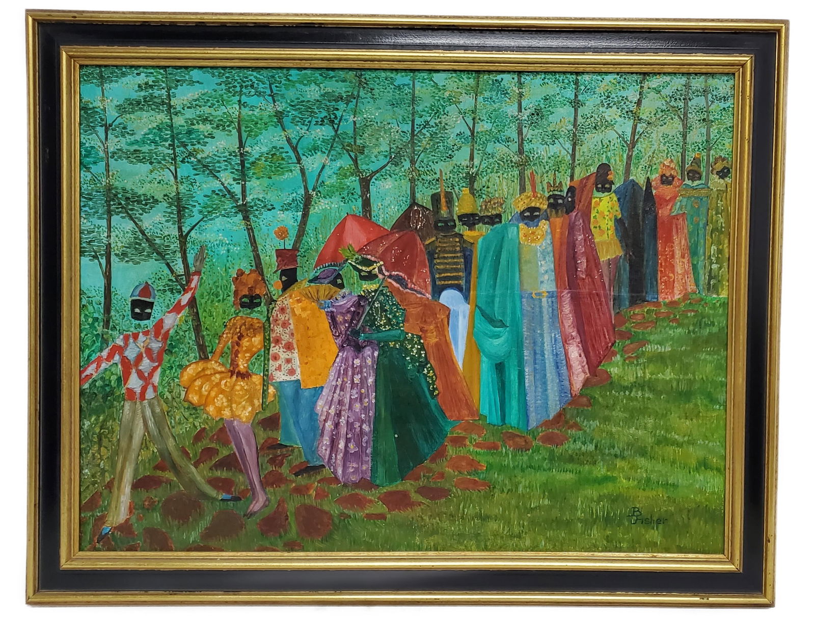 A 20th Century Oil on Canvas Painting, Bal Masque Figures in a Landscape, Signed B. Fisher lower (1 of 5)