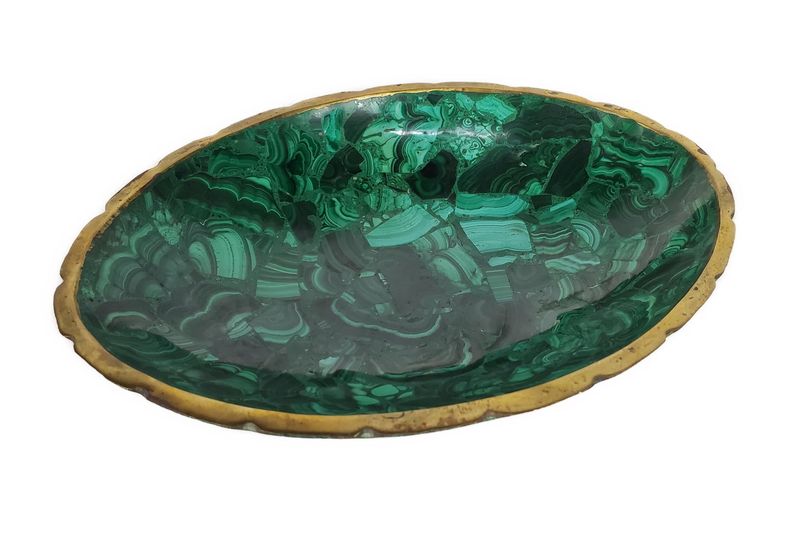 Antique Malachite Bowl with brass bound rim, 2" h. 8 3/4" w. 6 1/2" d. (1 of 3)