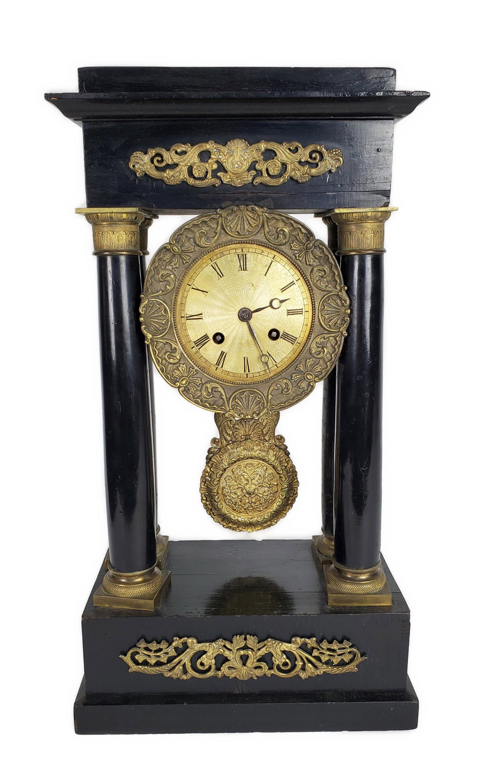 French 19th Century Empire Wood Portico Clock, with gilt metal face, pendulum, and mounts, 17 1/2" (1 of 4)