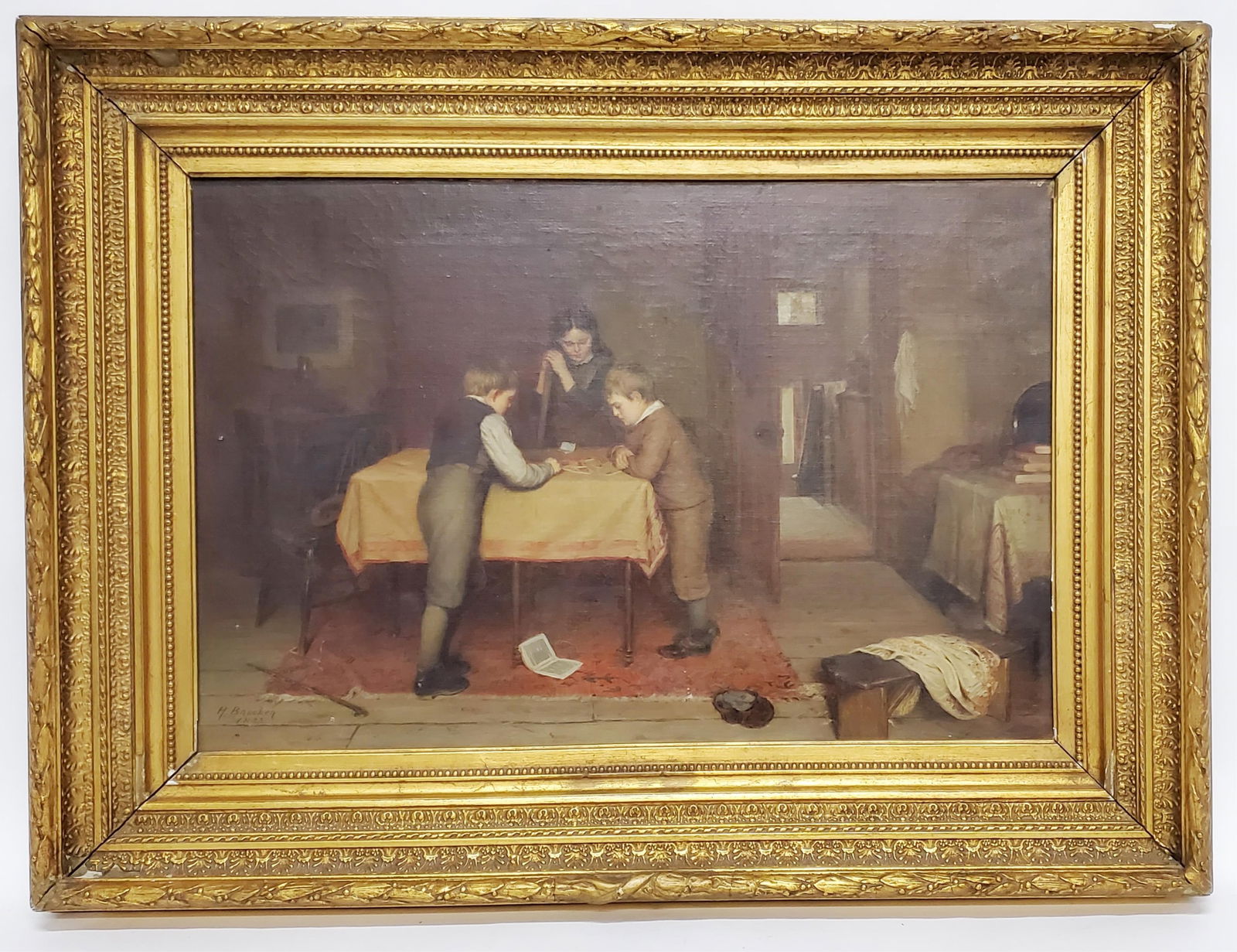 Harry Brooker (English, 1848-1940) Interior Scene with Children Playing Games, Oil on Canvas, Signed (1 of 10)