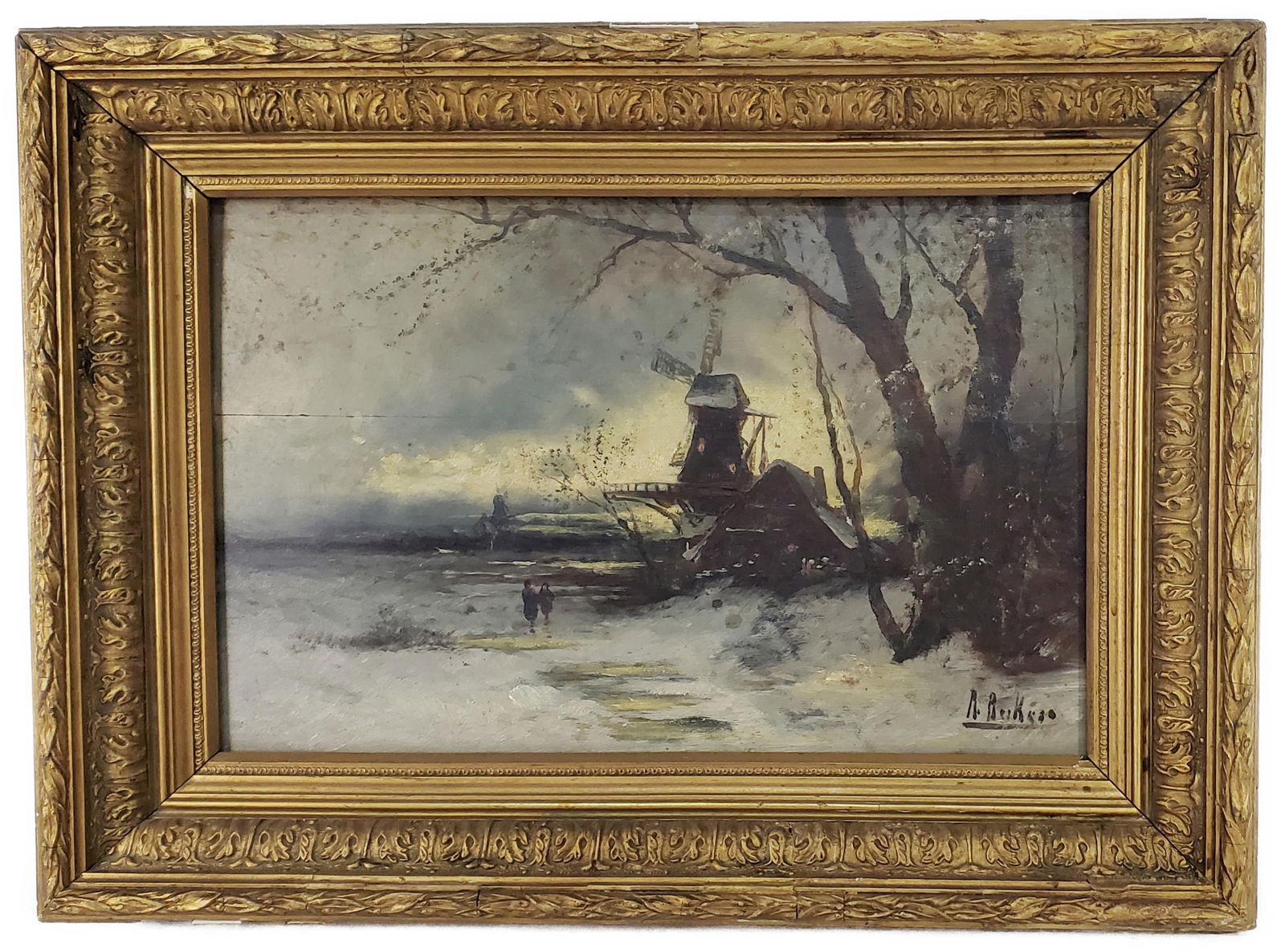 Antal Berkes (Hungarian, 1874-1938) Winter Landscape with Windmill and Figures, Oil on Panel, Signed (1 of 6)