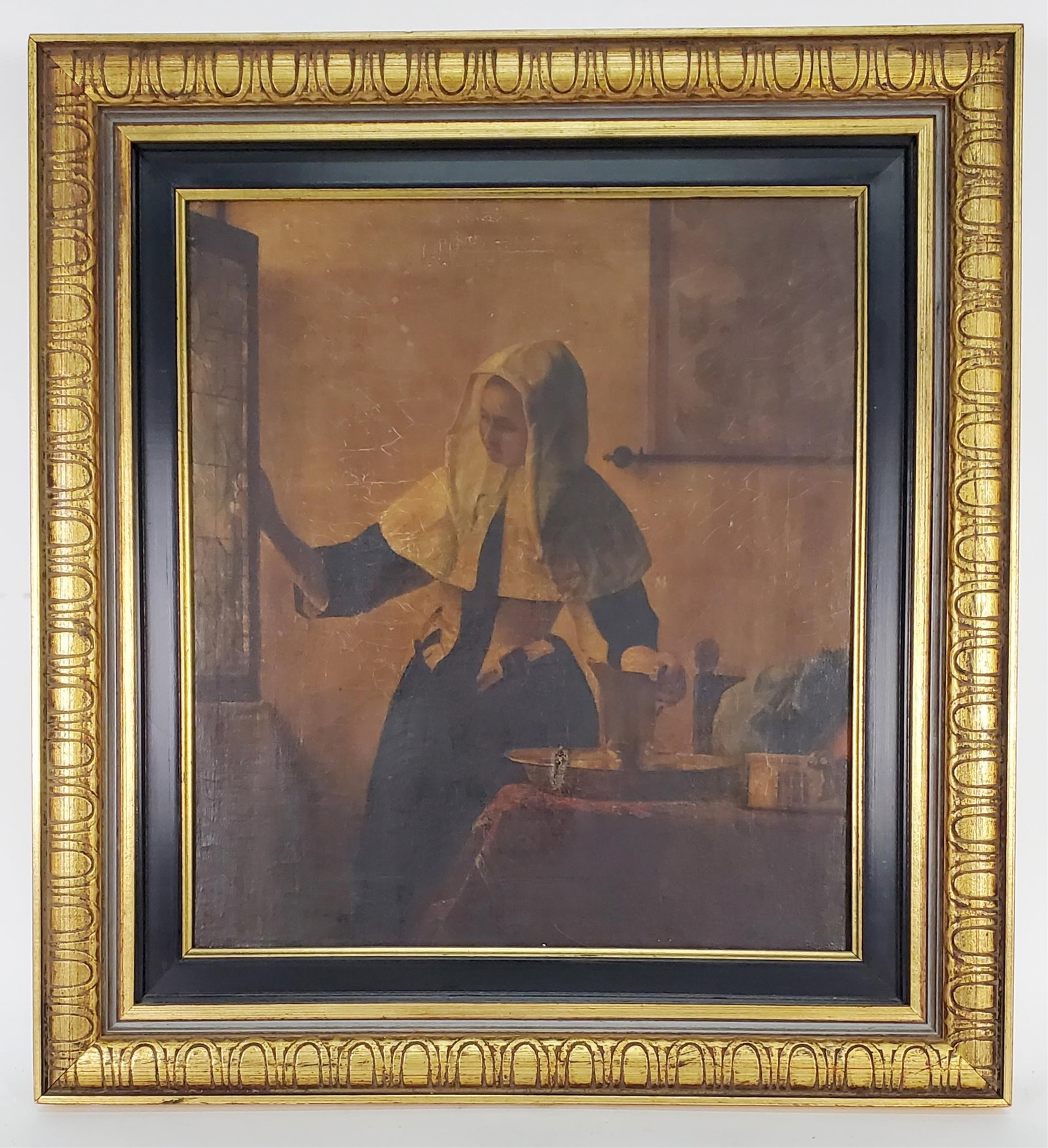After Johannes Vermeer (Dutch, 1632-1675) A Late 19th Century Copy of Woman with Water Jug, Oil on: After Johannes Vermeer (Dutch, 1632-1675) A Late 19th Century Copy of Woman with Water Jug, Oil on Canvas, Unsigned, 18 1/4" x 16 1/4", Framed-24 3/4" x 22 3/4"