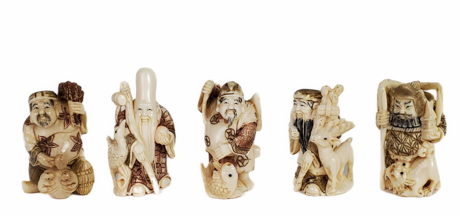 Group of Five Japanese Miniature Bone Netsukes, depicting the Immortals, each with a chop mark, 1: Group of Five Japanese Miniature Bone Netsukes, depicting the Immortals, each with a chop mark, 1 1/4" h.