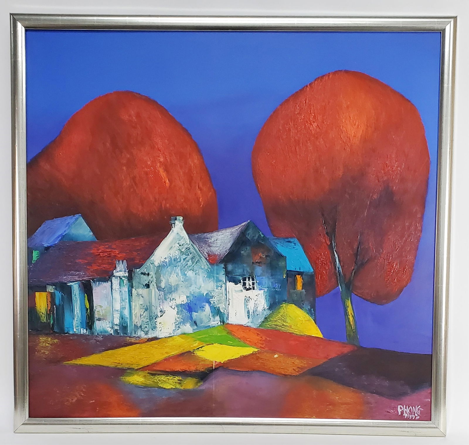 A 20th Century Oil on Canvas Painting, Landscape with House and Red Trees, Signed Phong 2002 lower (1 of 4)