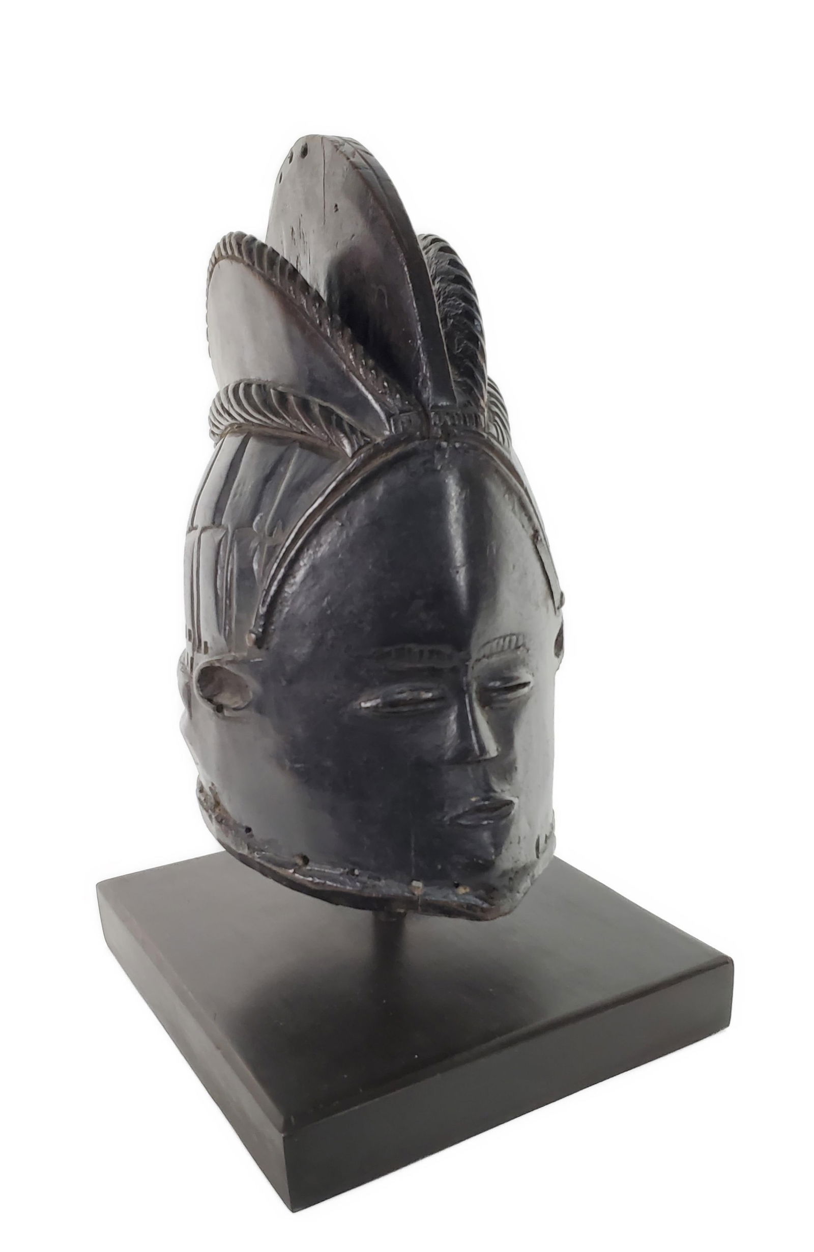 West African Tribal Carved Bundu Mende Mask, finely carved wood helmet mask with burnished surface, (1 of 5)